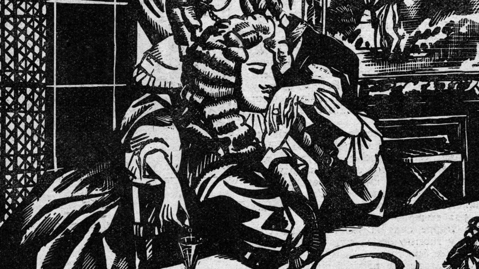 Affaire des poisons : Marie Madeleine Dreux d'Aubray, marquise de Brinvilliers, versant du poison dans le verre d'une de ses victimes. Illustration de RM ornant la rubrique « Les causes célèbres » du périodique Le Petit Journal illustré, 8 février 1931. [1]