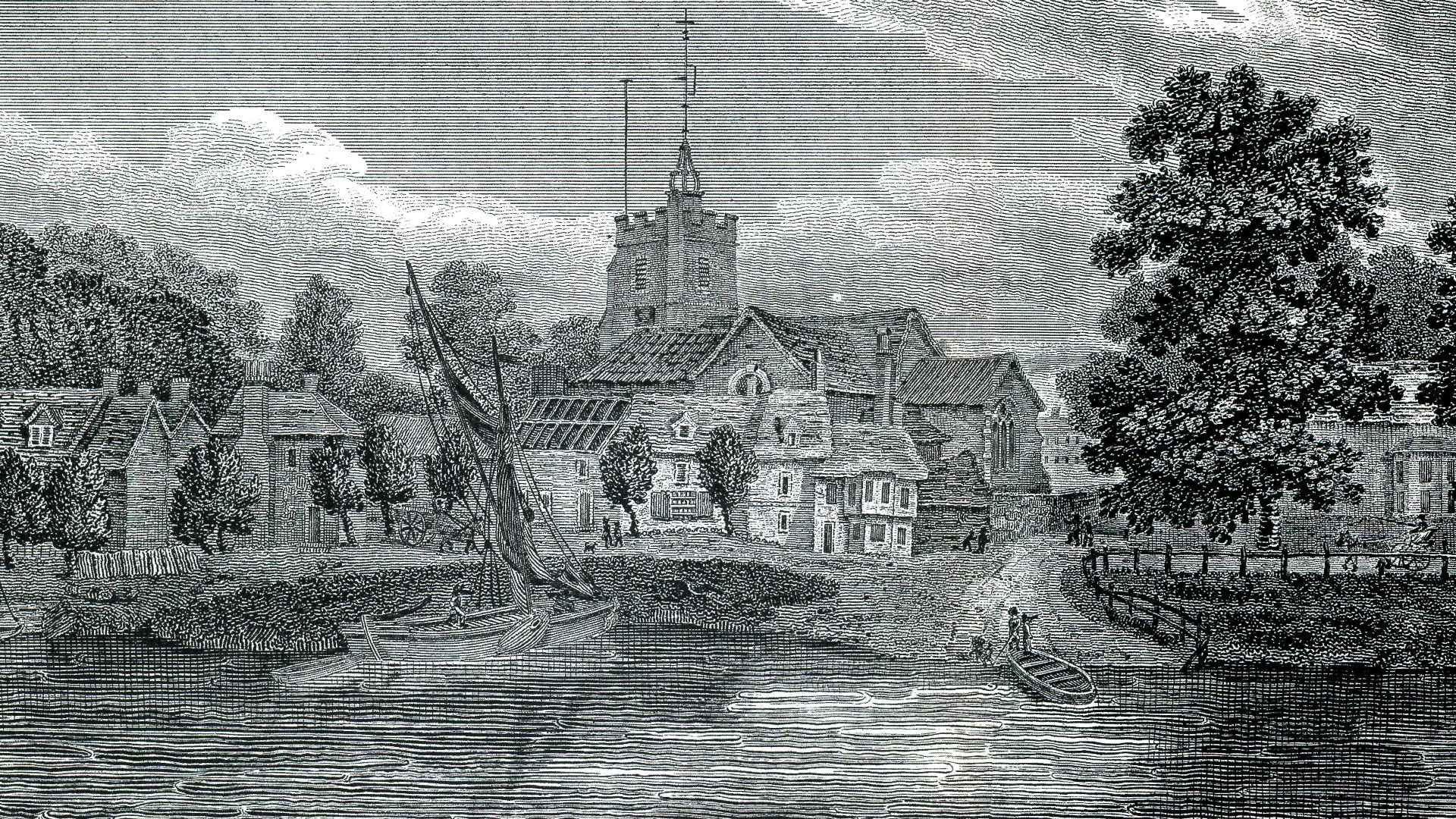 Engraving of St Nicholas Church, Chiswick by Robert Blemell, after a drawing by his father Jacob Schnebbelie, 1807. The river Thames is not yet embanked. A fishing boat with two dinghies is drawn up near the small fisherman's area called Slut's Hole below the church. Another dinghy is drawn up on the slipway, which still exists, below the western end of Chiswick Mall.