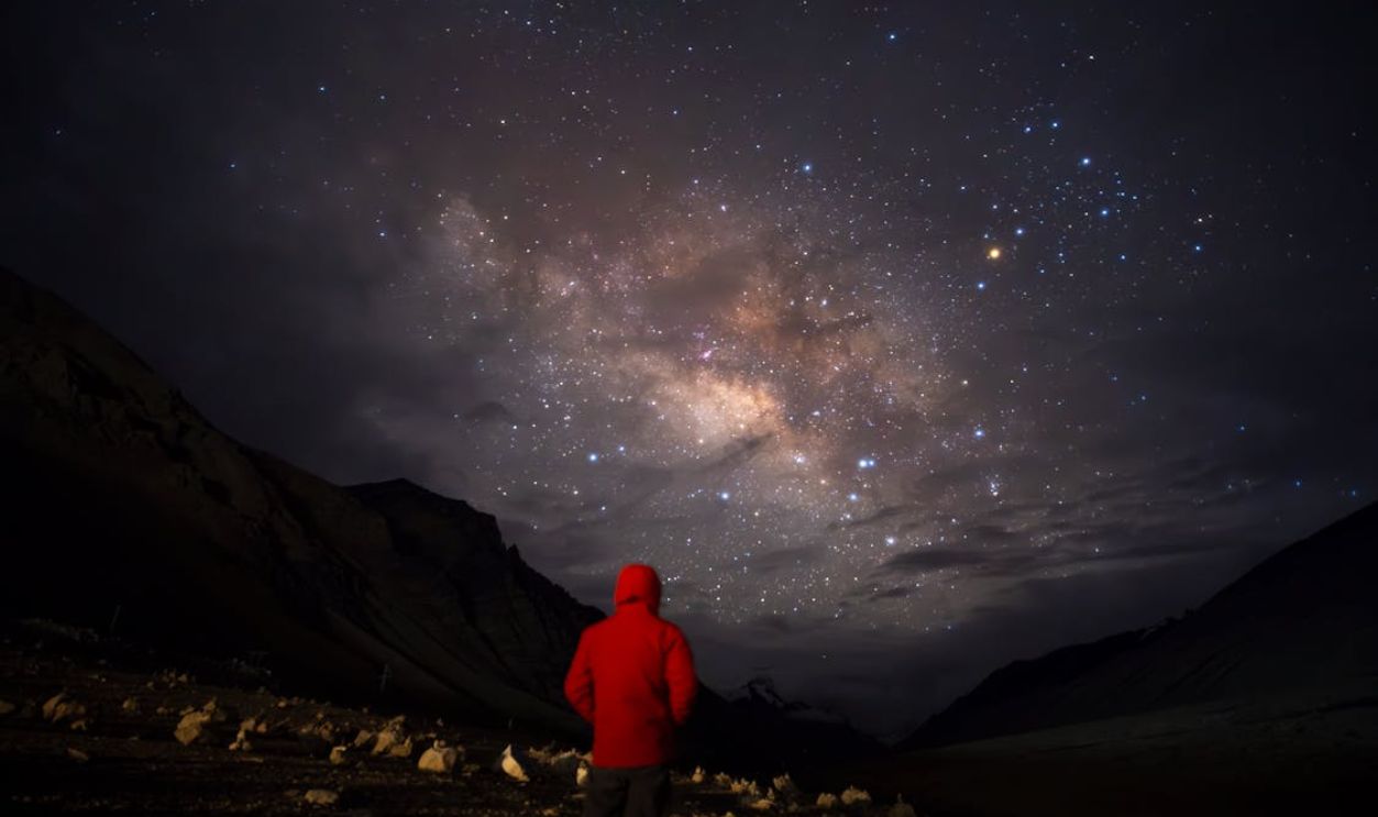 Back View of a Man Standing under a Starry Night Sky
