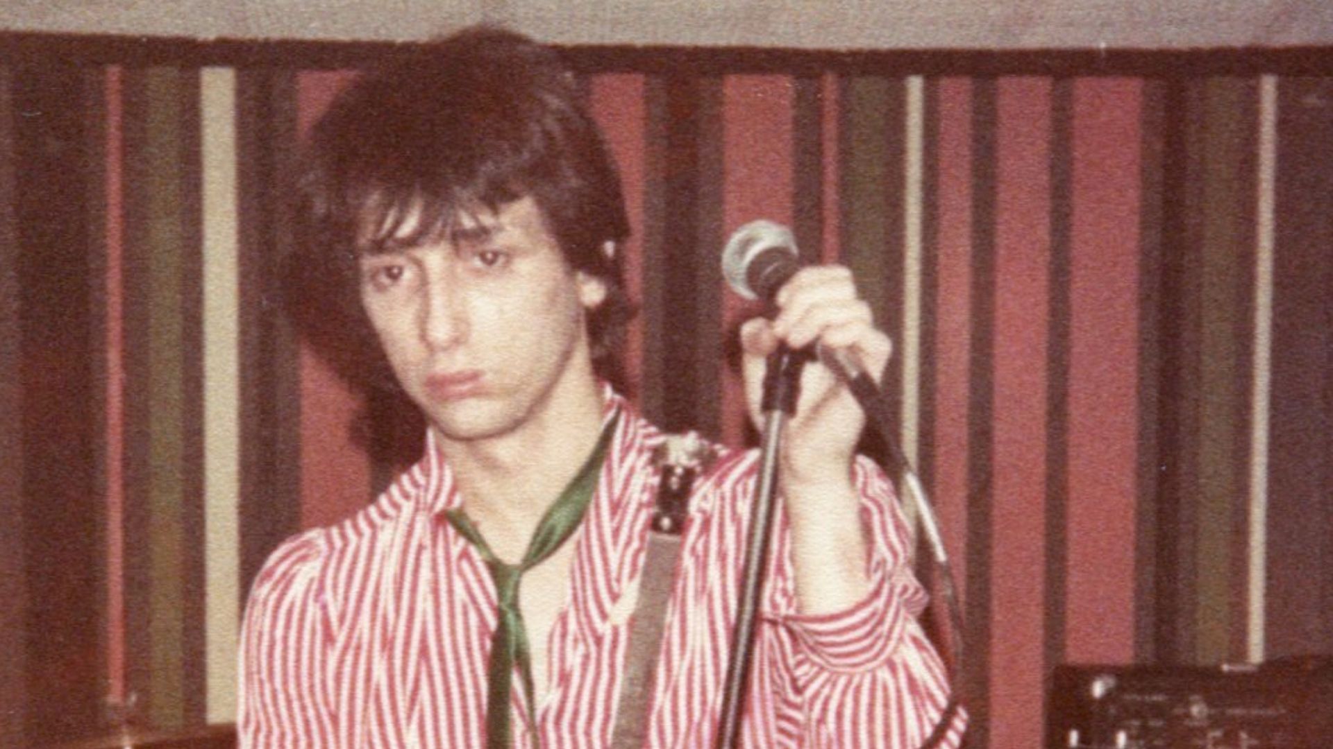 ANN ARBOR, Mich. -- 1979. Johnny Thunders. Thunders was performing at the VFW Post in Ann Arbor, Michigan. At that time he was collaborating with Wayne Kramer of the MC5. The two lead guitarists called their band Gang War. The image is a scan of a surviving print - there are scuff marks on the bottom right that may be cropped out for reproduction.