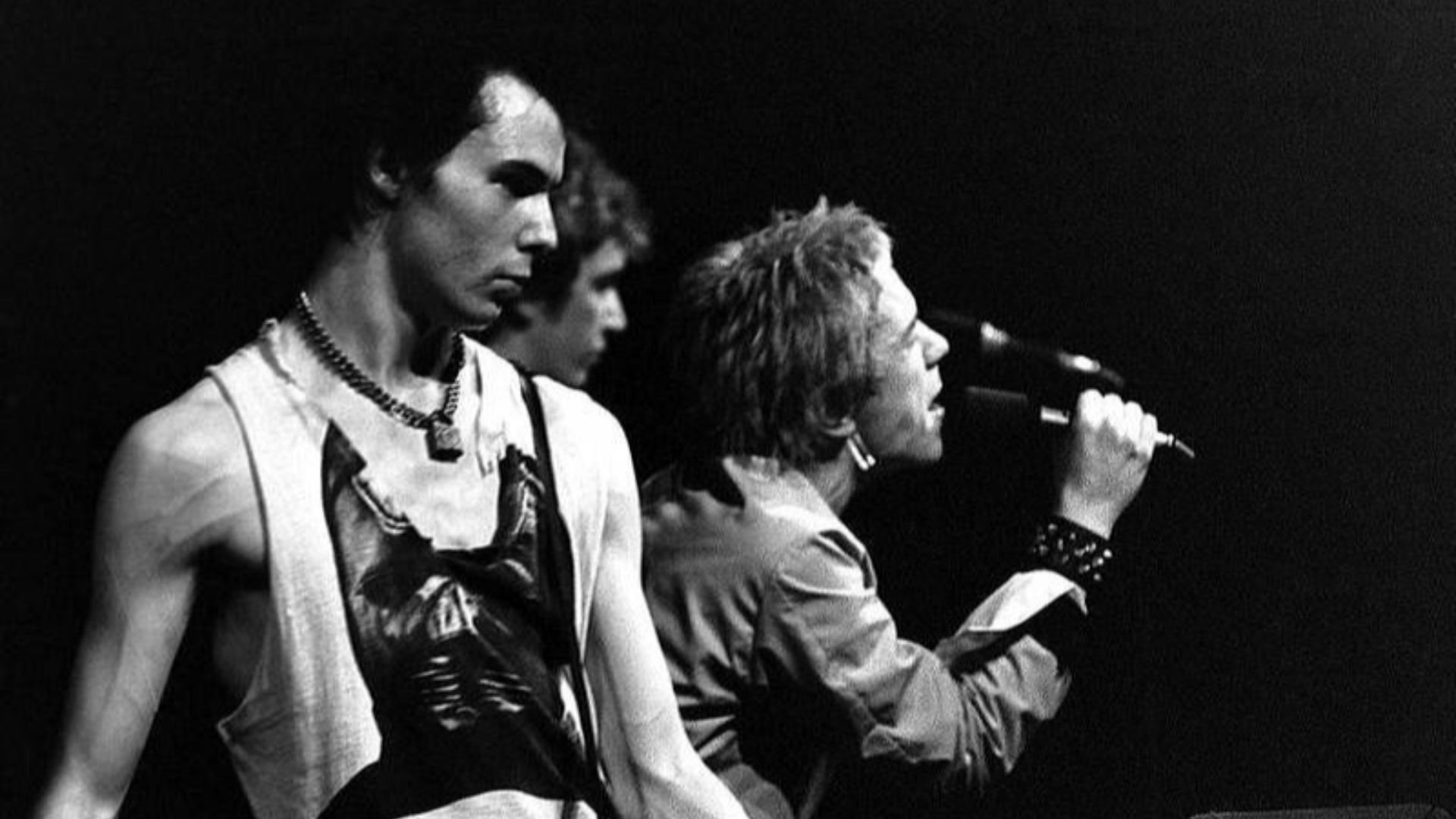 The Sex Pistols (Sid Vicious left, Steve Jones center, and Johnny Rotten right) performing in Trondheim in 1977