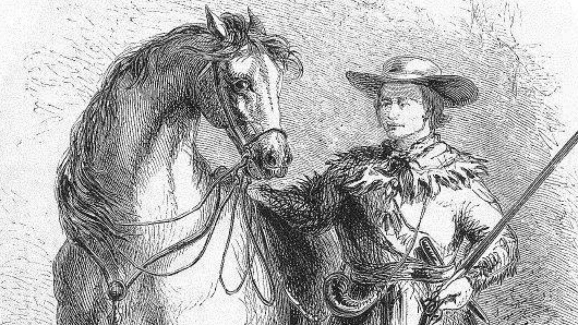 Carson and his horse, frontispiece to The Life and Adventures of Kit Carson, the Nestor of the Rocky Mountains, from Facts Narrated by Himself, by De Witt C. Peters