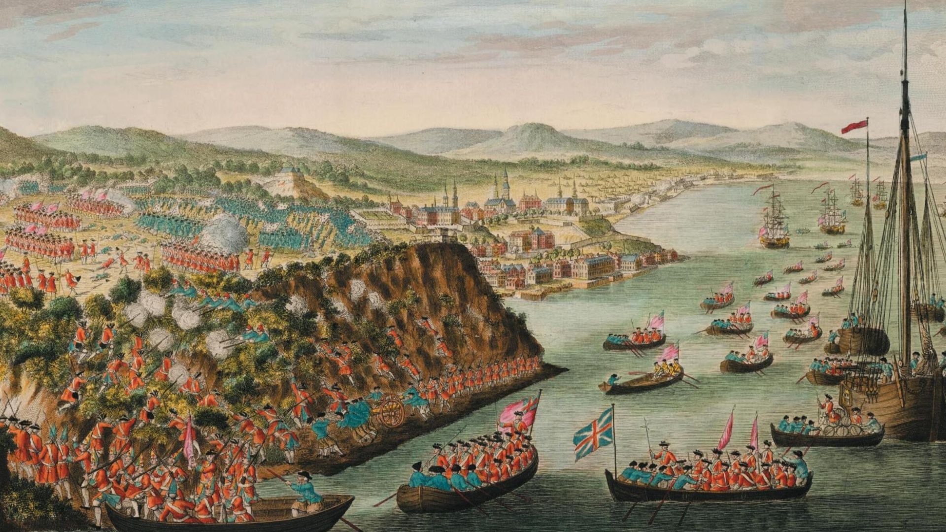 This 1797 engraving is based on a sketch made by Hervey Smyth, General Wolfe's aide-de-camp during the siege of Quebec. A view of the taking of Quebec, 13th September 1759.