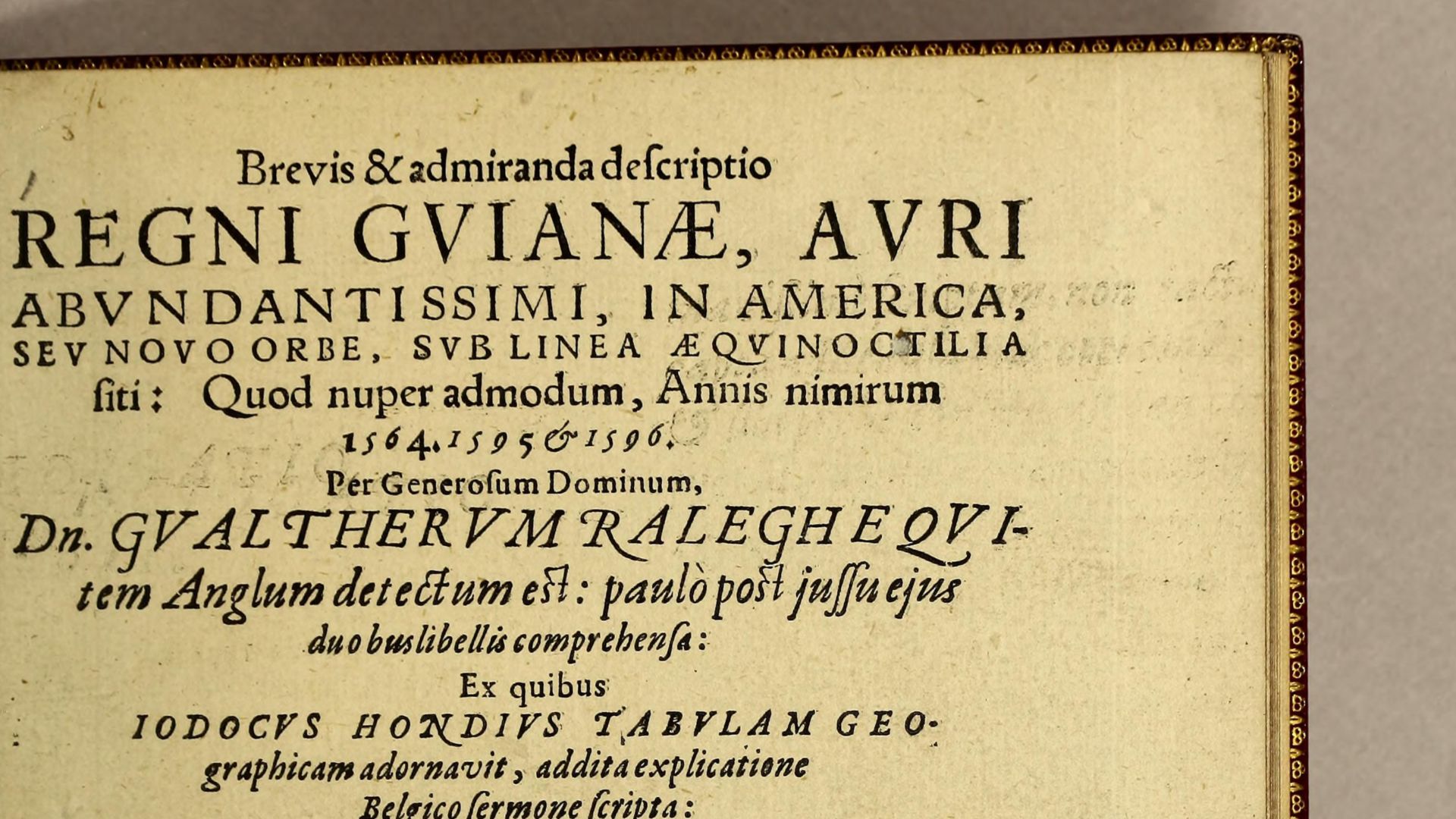 Title page of Sir Walter Raleigh's description of Guinea. Cropped version: file:Brevis_descrip_Guianae-Raleigh&Hulsius000frontispiece.jpg