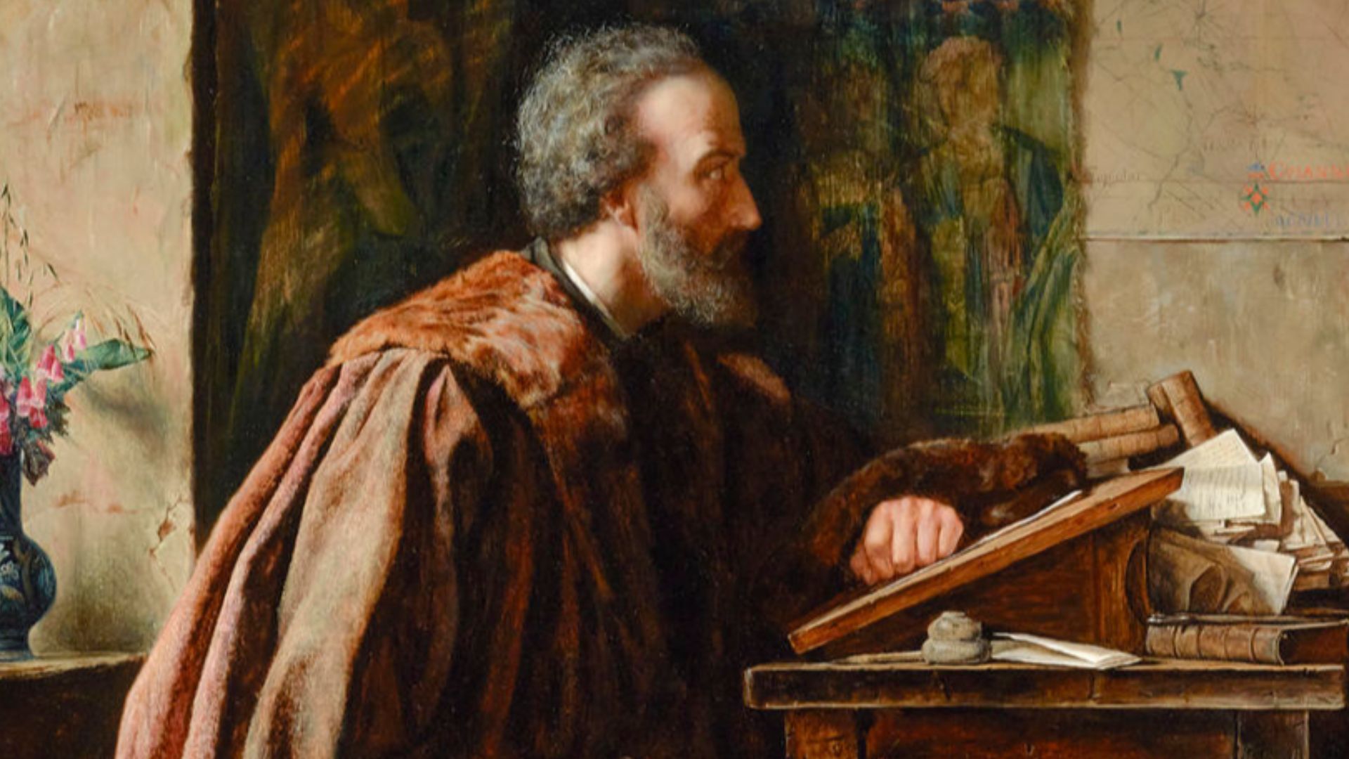 Sir Walter Raleigh in the Tower by Henry Wallis depicting Raleigh imprisoned in the Tower of London. Exhibited at the Royal Academy in 1856. Oil on panel. 25