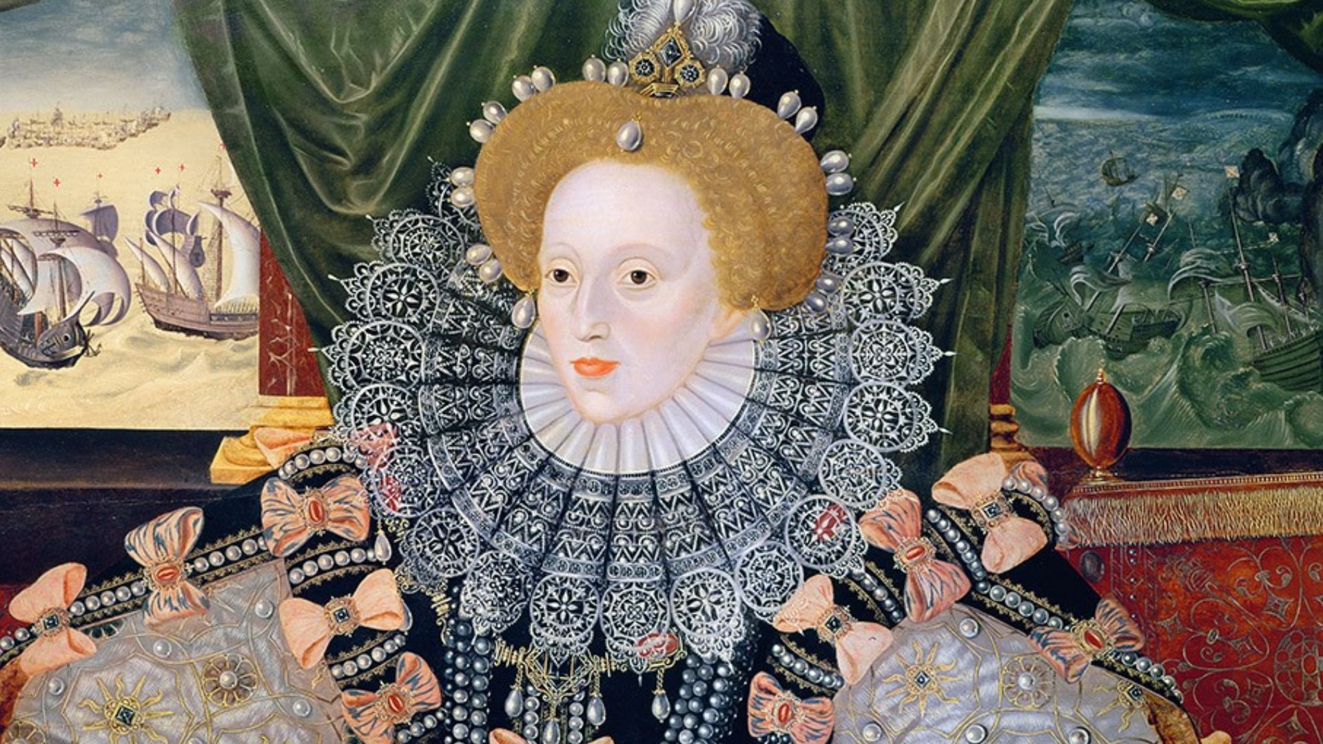 The portrait was made to commemorate the defeat of the Spanish Armada (depicted in the background). It is the most faded, but has fewer losses and other damage. Its Armada naval action scenes have their ships floating as if on sand, as the varnishes that once coloured the sea have faded over time. It is the only version to retain its 16th century seascapes, visible to either side of Elizabeth.