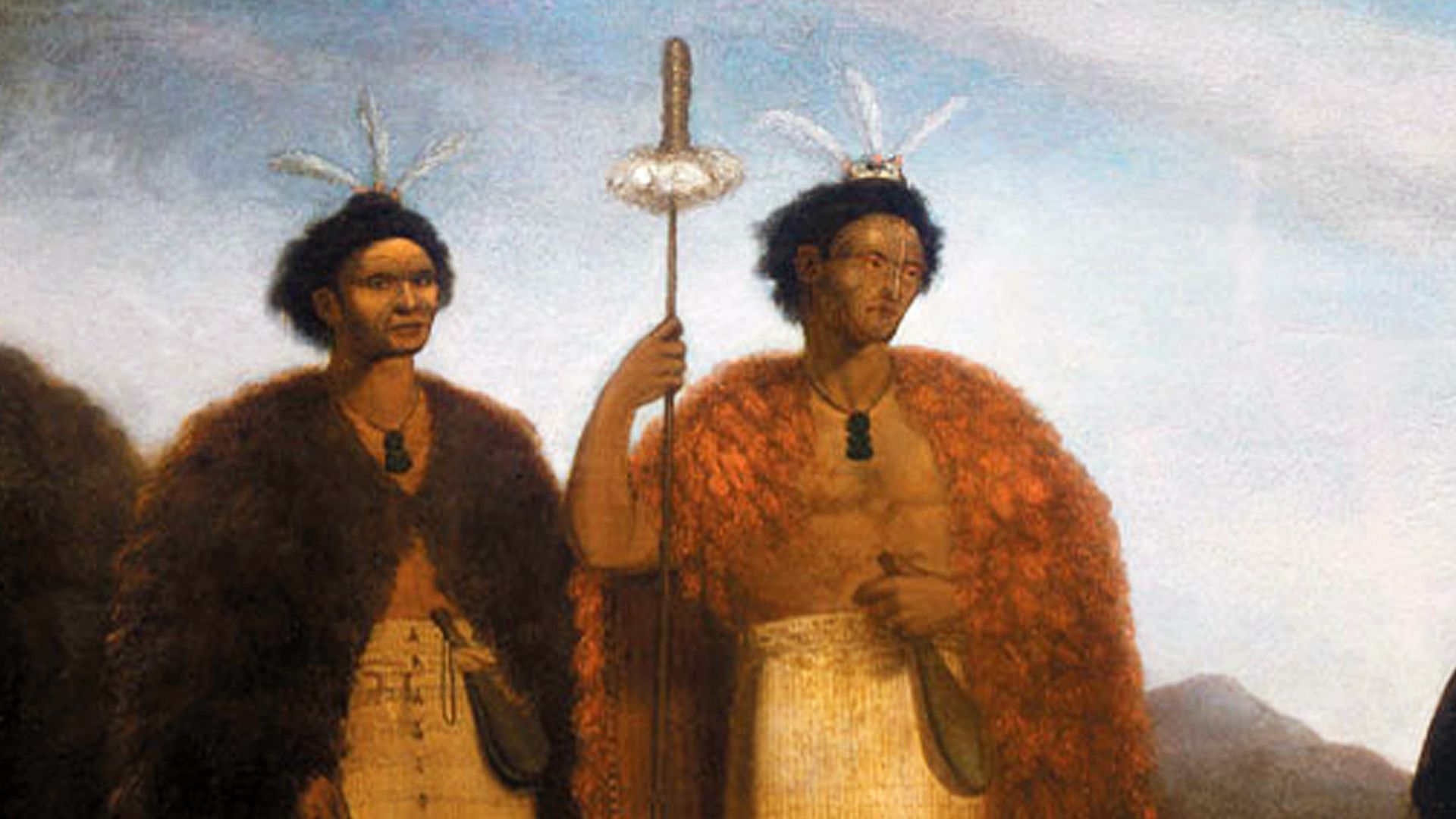 The chiefs Waikato and Hongi Hika with missionary Thomas Kendall in England, oil painting by James Barry, 1820. National Library of New Zealand Te Puna Mātauranga o Aotearoa, Alexander Turnbull Library, Wellington (Ref:G-618)
They are wearing kiwi feather cloaks and flax skirts according to NZHistory.