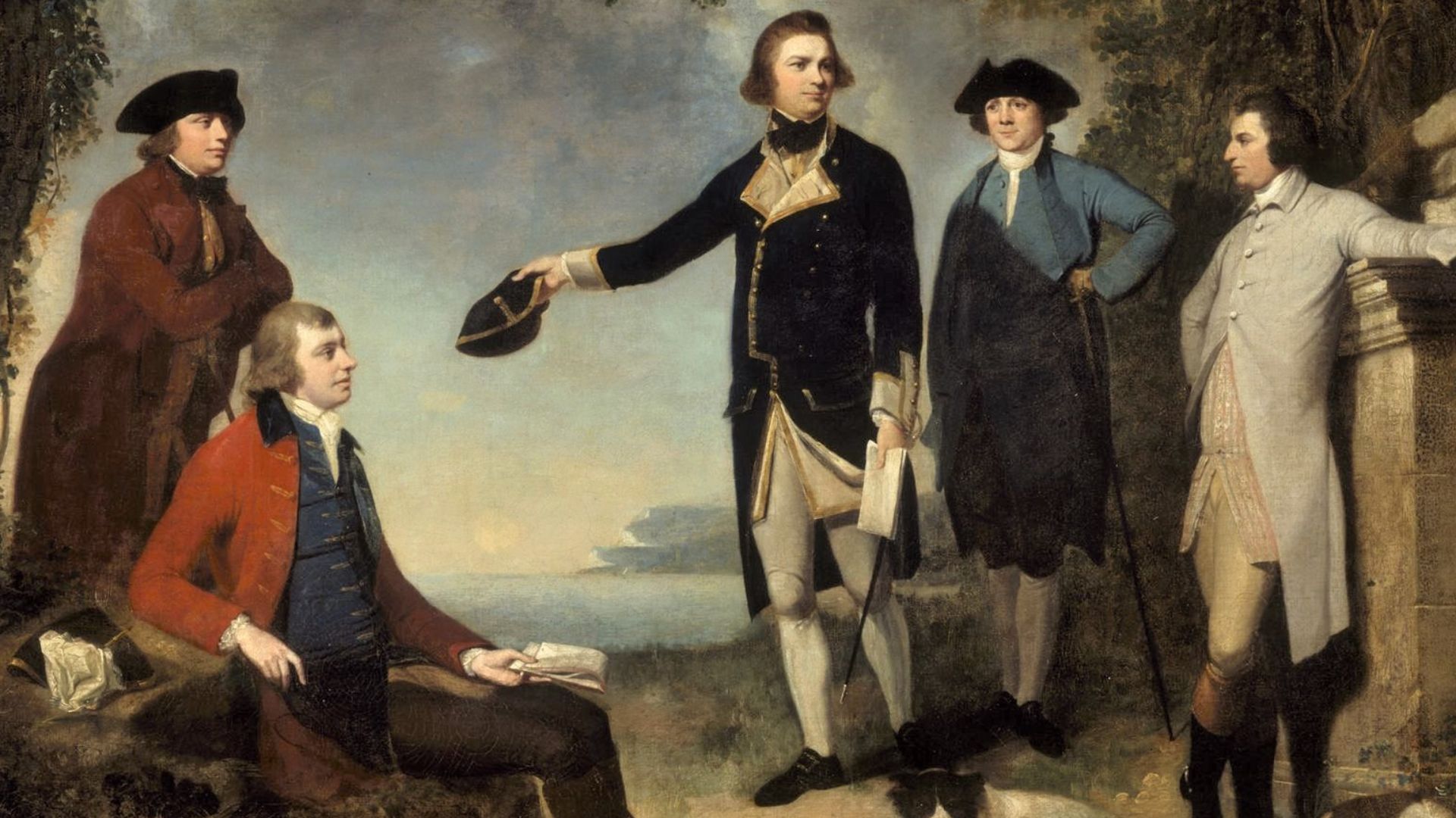 Captain James Cook, Sir Joseph Banks, Lord Sandwich, Dr Daniel Solander and Dr John Hawkesworth. Oil on canvas, 120 x 166 cm. By John Hamilton Mortimer. (Title devised by cataloguer).

The people portrayed are, from left to right, Dr Daniel Solander, Sir Joseph Banks, Captain James Cook, Dr John Hawkesworth, and John Montagu, 4th Earl of Sandwich.