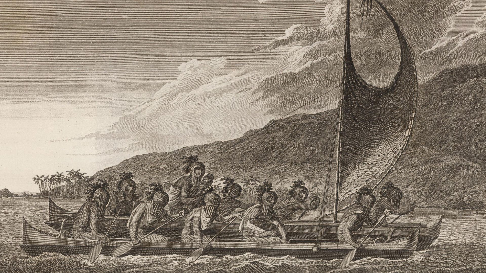 Priests traveling across Kealakekua bay for first contact rituals.  Each helmet is a gourd, with foliage and tapa strip decoration.  A feather surrounded akua is in the arms of the priest at the center of the engraving.  It is not known what the purpose of the ritual surrounding first contact with Westerners was.