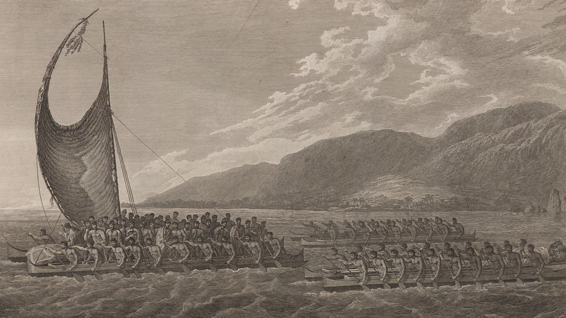 Kalaniopuu, King of Hawaii, bringing presents to Captain Cook. Shows a Hawaiian canoe with
