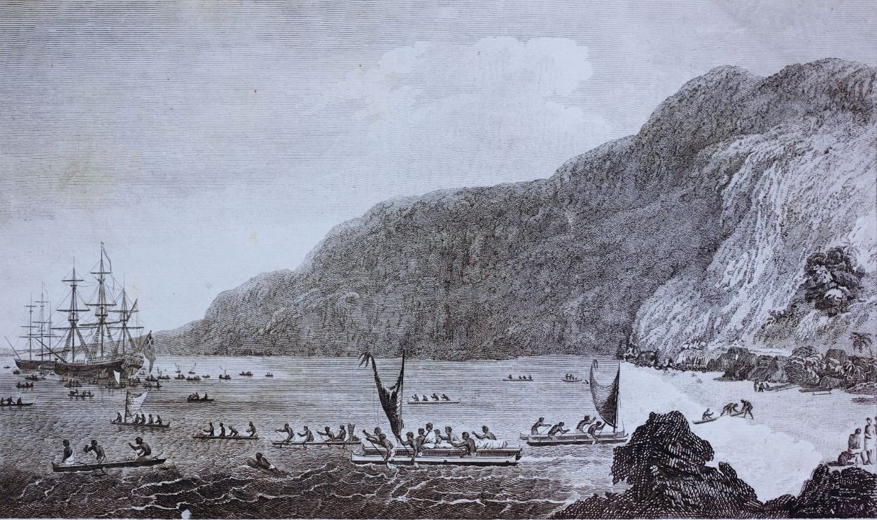 Gettyimages - 526934336, 18th century engraving of Karakakooa Bay where Captain James Cook was killed. The engraving shows a ship, possibly HMS Resolution and native Hawaiians in canoes. 
