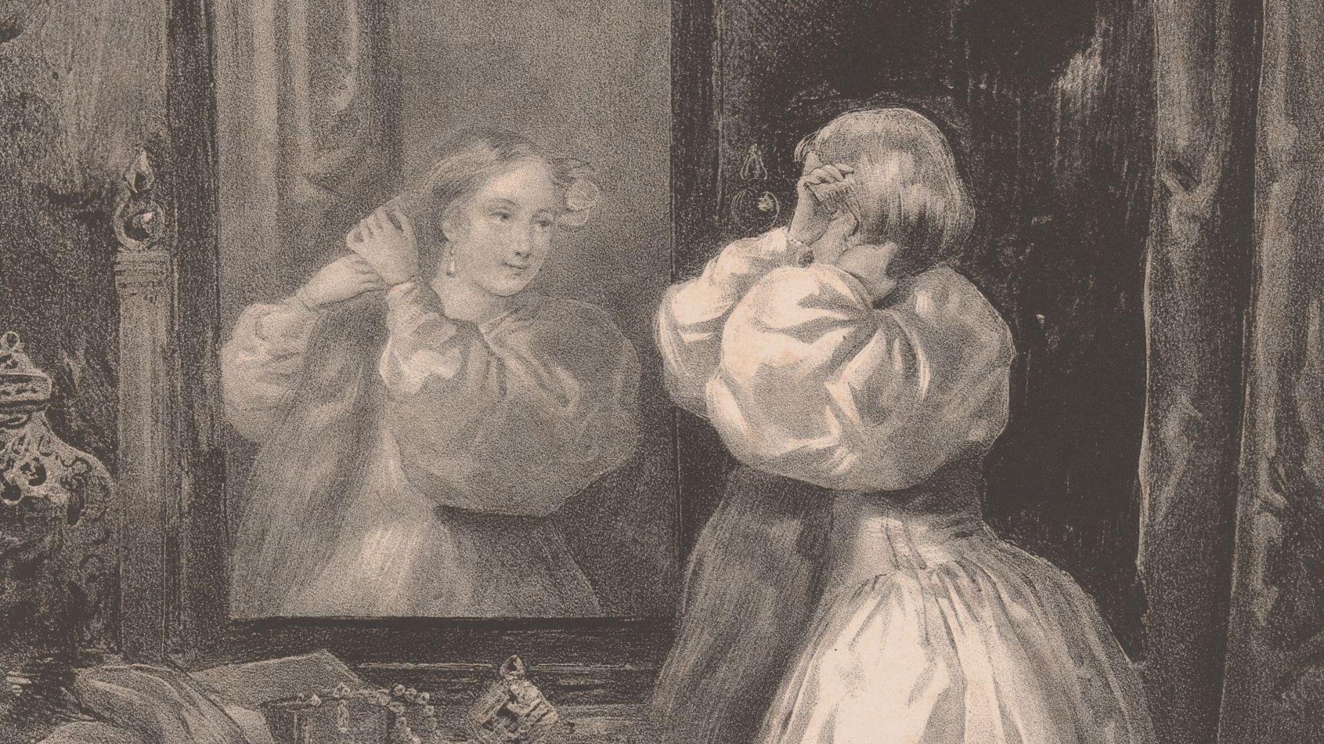 IdentificatieTitel(s): Meisje kamt haar haren voor de spiegel La toilette (titel op object)Objecttype: prent Objectnummer: RP-P-1913-932Catalogusreferentie: IFF après 1800 10 Opschriften / Merken: verzamelaarsmerk, verso, gestempeld: Lugt 2228a VervaardigingVervaardiger: prentmaker: Hippolyte Louis Garnier (vermeld op object), naar ontwerp van: Boulanger (vermeld op object) Datering: 1846Materiaal en TechniekFysieke kenmerken: lithografieMateriaal: papier Techniek: lithografie (techniek)Afmetingen: blad: hoogte 449 mm × breedte 308 mmOnderwerpWat: adolescent, young woman, maiden, mirror - AA - (for) women, comb, brush and other tools (care of the hair) - AA - ~ women Verwerving en rechten:Verwerving: aankoop 1913Copyright: Publiek domein