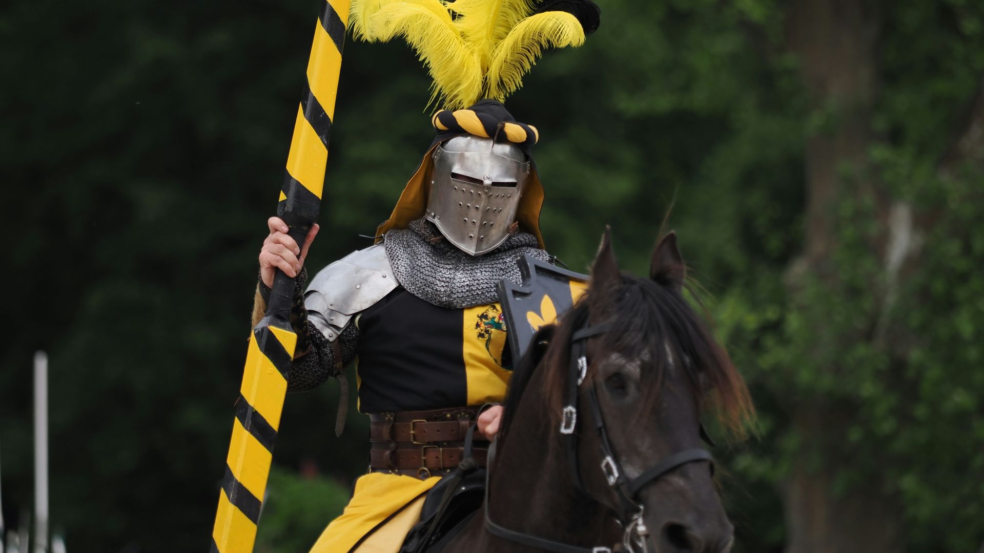 A knight rides on horseback holding a lance.