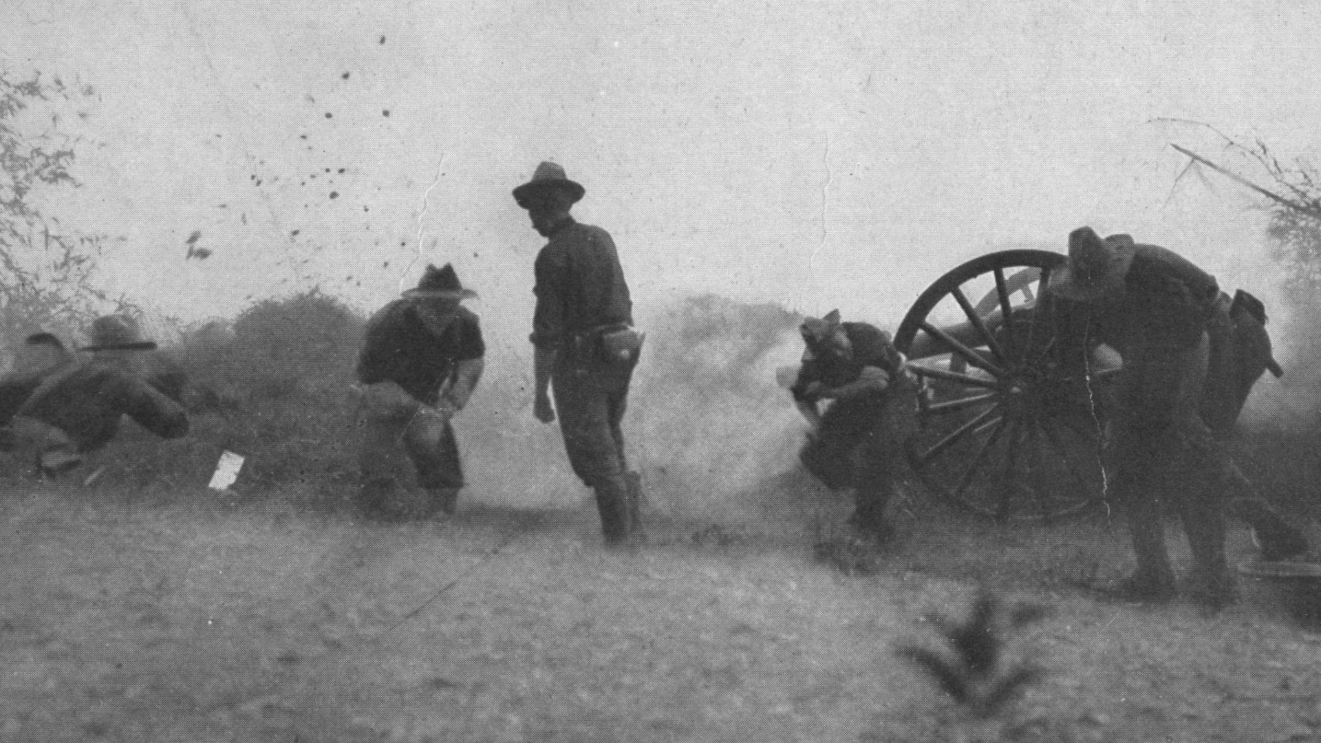Utah Battery in Action on McCloud Hill, Philippines. Scanned from 1899 book.  Apparently cropped from 1899 U.S. Government image described:
