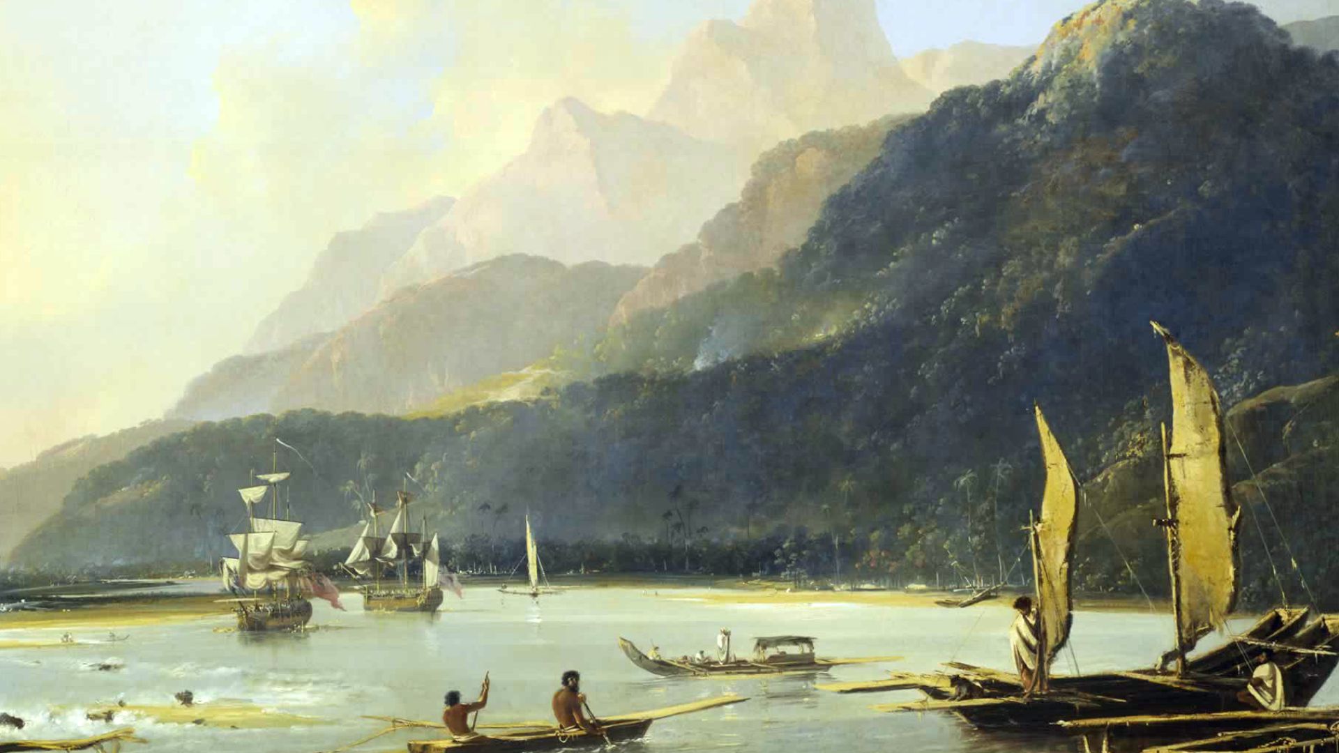 Resolution and Adventure with fishing craft in Matavai Bay, painted by William Hodges in 1776, shows the two ships of Commander James Cook's second voyage of exploration in the Pacific at anchor in Tahiti.