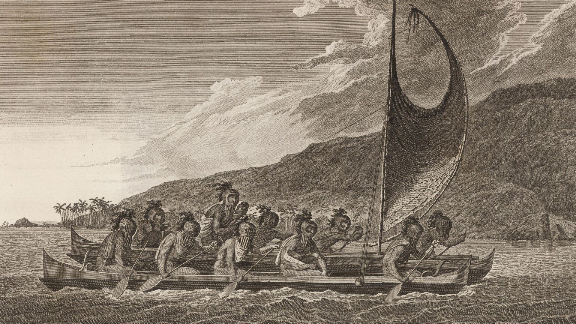 Priests traveling across Kealakekua bay for first contact rituals.  Each helmet is a gourd, with foliage and tapa strip decoration.  A feather surrounded akua is in the arms of the priest at the center of the engraving.  It is not known what the purpose of the ritual surrounding first contact with Westerners was.