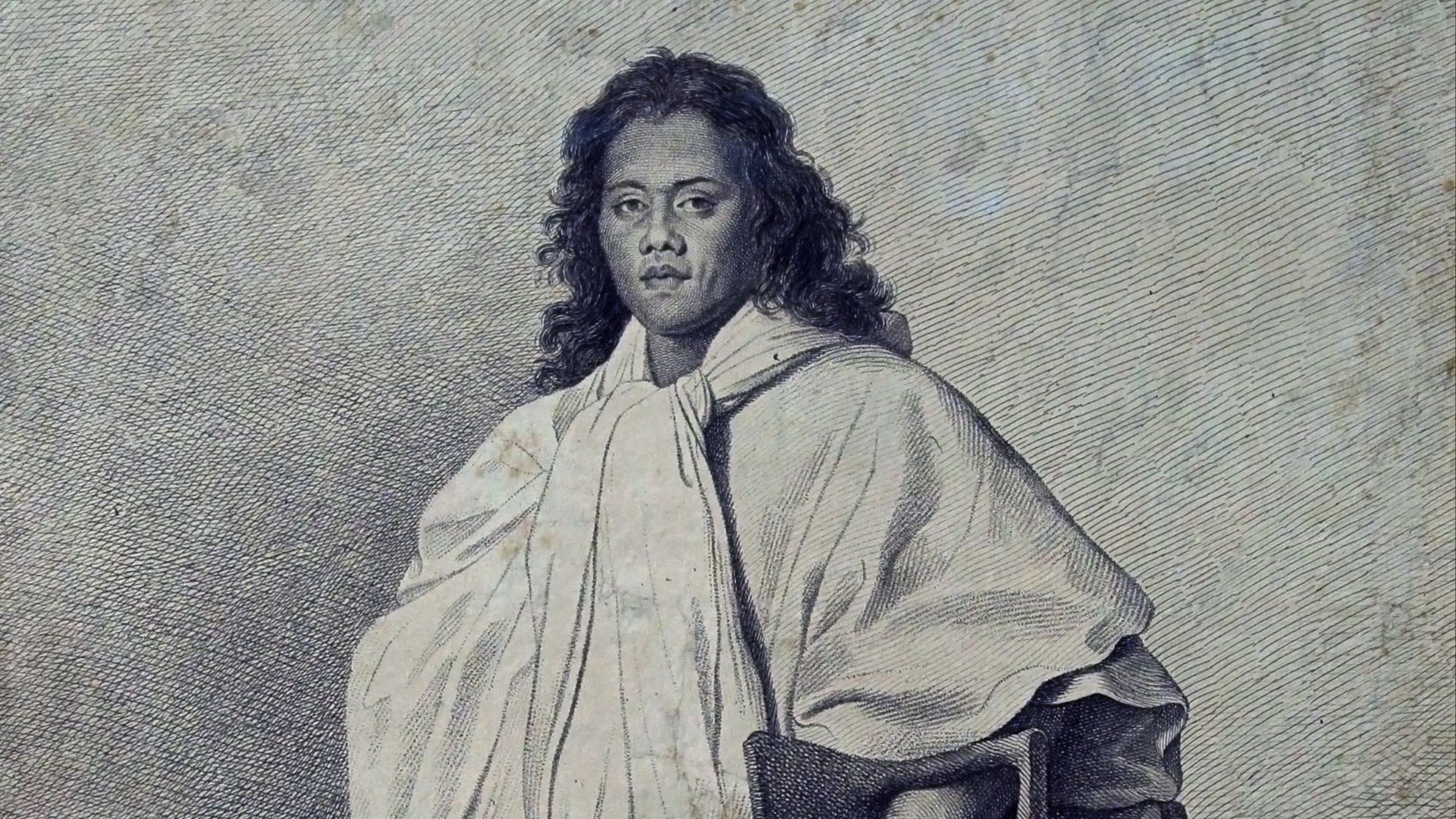 Omai, habitant de Tahiti, eau-forte de Francesco Bartolozzi d'après Nathaniel Dance, 1774. 
Photo prise lors de l'exposition