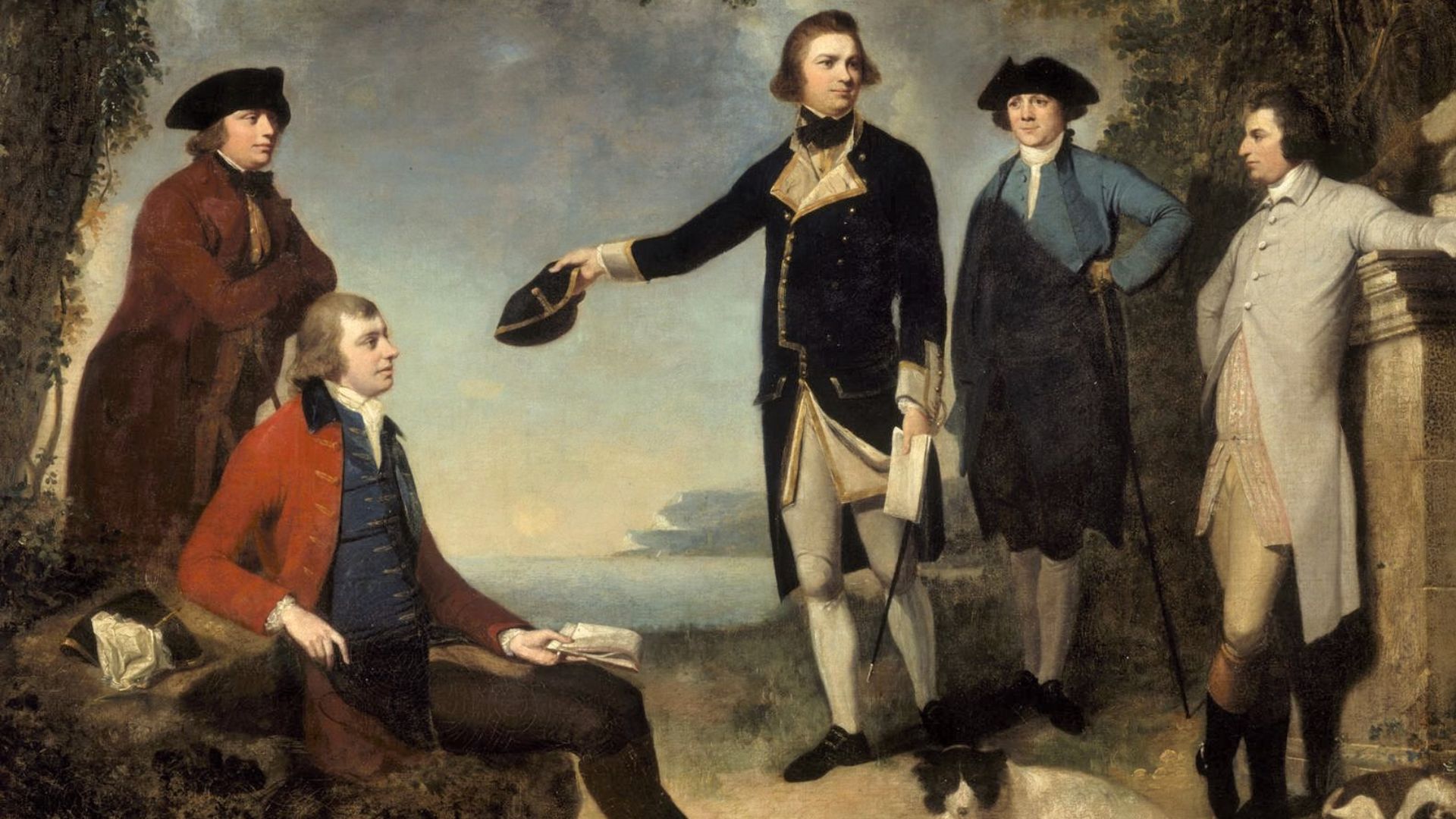 Captain James Cook, Sir Joseph Banks, Lord Sandwich, Dr Daniel Solander and Dr John Hawkesworth. Oil on canvas, 120 x 166 cm. By John Hamilton Mortimer. (Title devised by cataloguer).

The people portrayed are, from left to right, Dr Daniel Solander, Sir Joseph Banks, Captain James Cook, Dr John Hawkesworth, and John Montagu, 4th Earl of Sandwich.