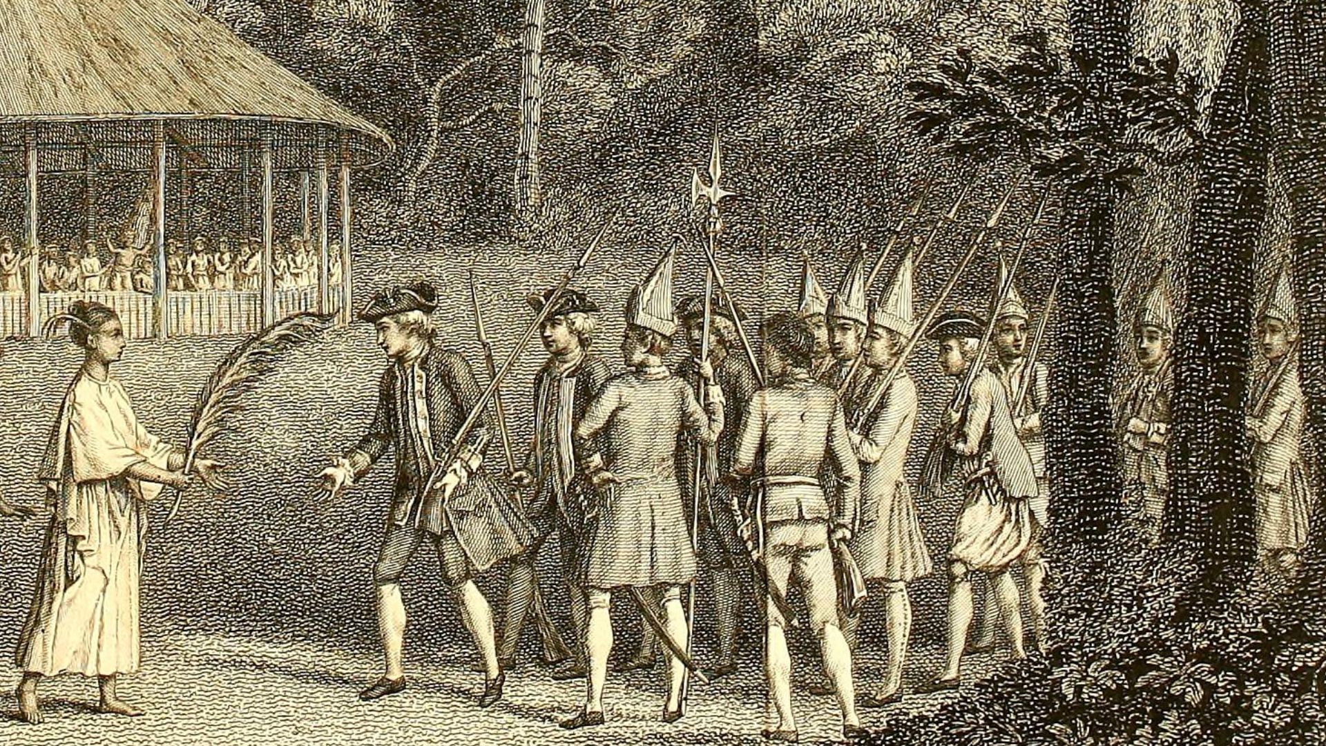 Artist impression of the encounter of Samuel Wallis with Queen Oberea (Purea) of Tahiti