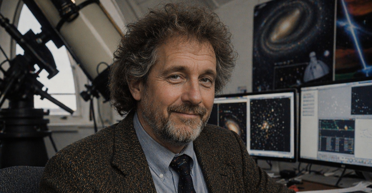 Astronomer in his office with a slight grin