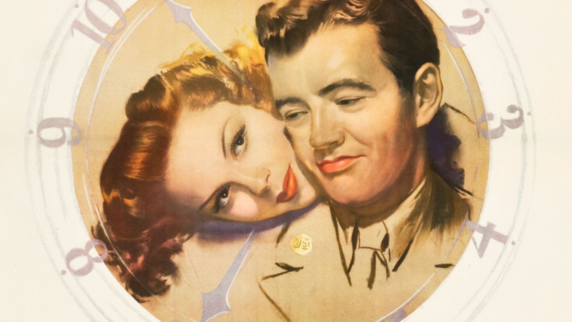 Poster for the American romantic drama film The Clock (1945). This image does feature a copyright notice, but that notice was never renewed or registered as was required. For this reason it is believed to be public domain. The image has been cropped from its original at Heritage Auctions.