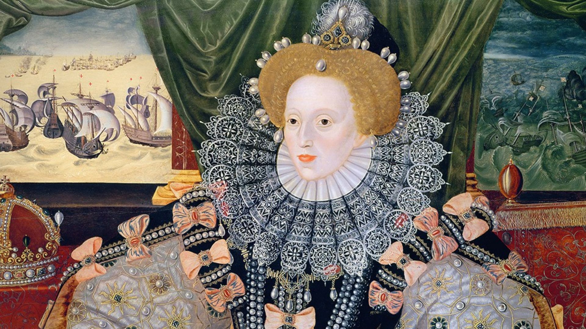 The portrait was made to commemorate the defeat of the Spanish Armada (depicted in the background). It is the most faded, but has fewer losses and other damage. Its Armada naval action scenes have their ships floating as if on sand, as the varnishes that once coloured the sea have faded over time. It is the only version to retain its 16th century seascapes, visible to either side of Elizabeth.