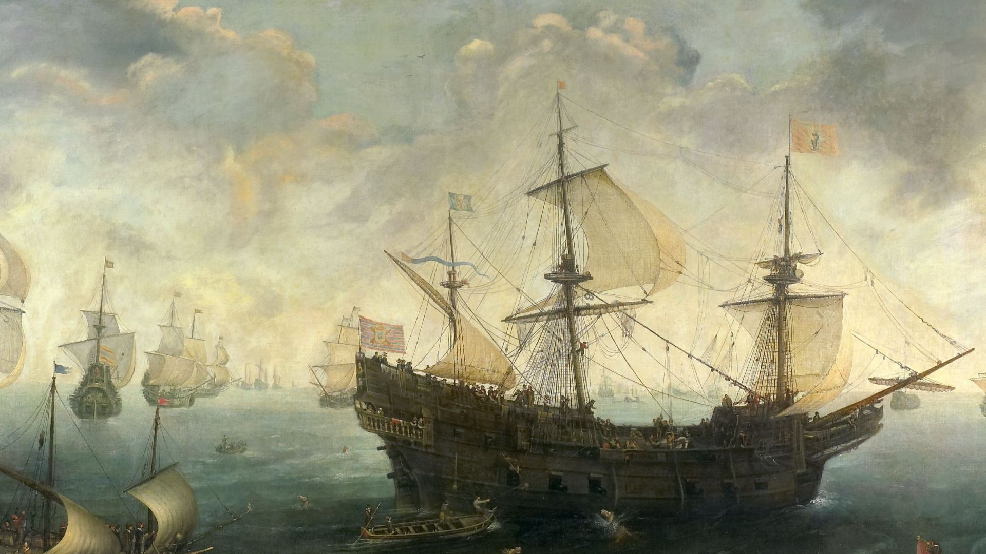 IdentificatieTitel(s): De Spaanse Armada voor de Engelse kustObjecttype: schilderij Objectnummer: SK-A-1629Opschriften / Merken: signatuur, op verschansing van een schip: ‘C.C.W’Omschrijving: De Spaanse Armada voor de Engelse kust in 1588. Een vloot van Spaanse oorlogsschepen, op de voorgrond in het water zwemmen enkele paarden, verder een jacht en enkele kleine bootjes.VervaardigingVervaardiger: schilder: Cornelis Claesz. van wieringenDatering: ca. 1620 - 1625Fysieke kenmerken: olieverf op doekMateriaal: doek olieverf Afmetingen: drager: h 102,5 cm.  × b 206,2 cm. buitenmaat: d 8 cm.  (drager incl. SK-L-4501)Verwerving en rechtenVerwerving: aankoop mei-1895Copyright: Publiek domein