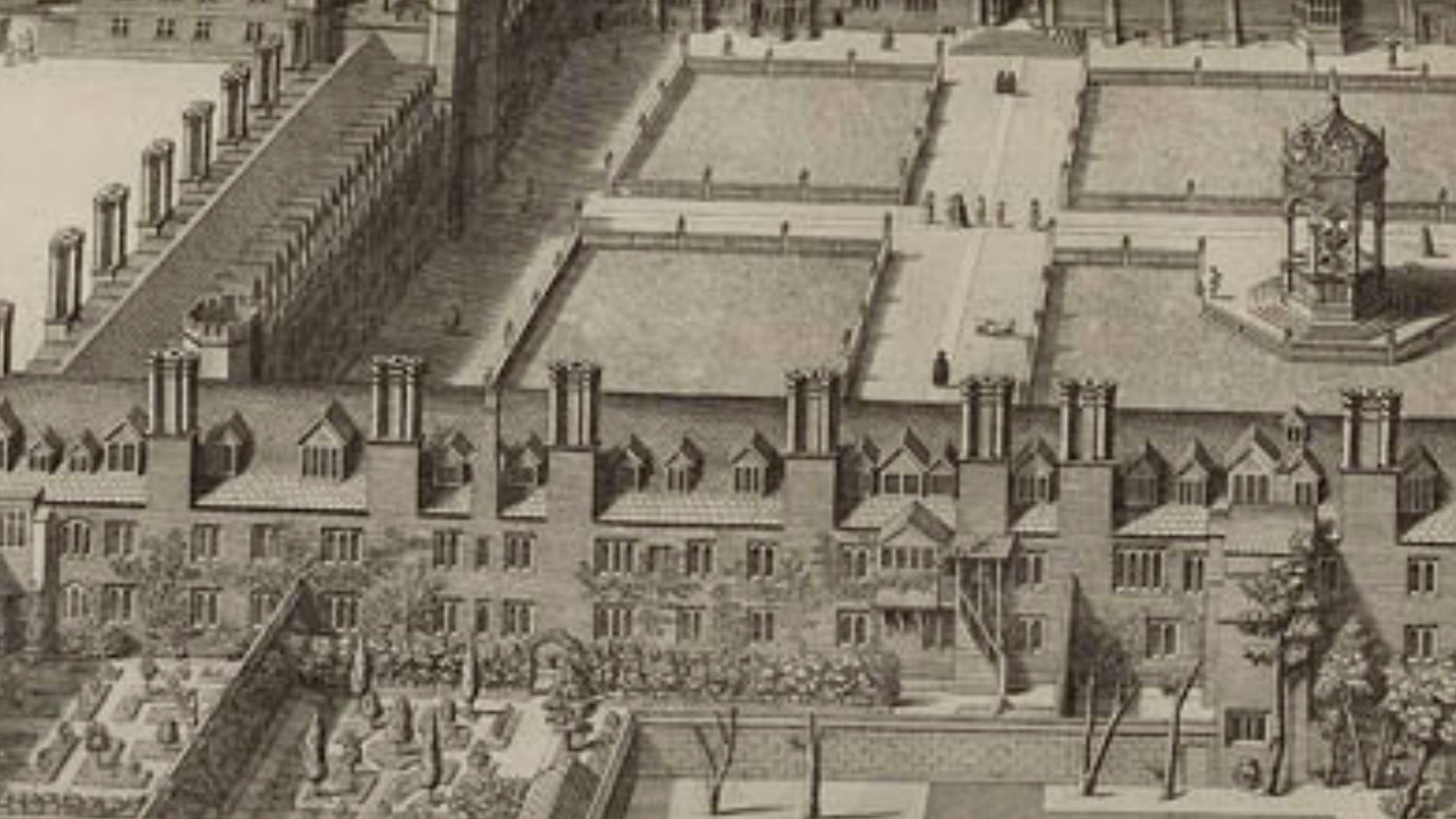 Bird's eye view (left half) of Trinity College, Cambridge by David Loggan, published in 1690