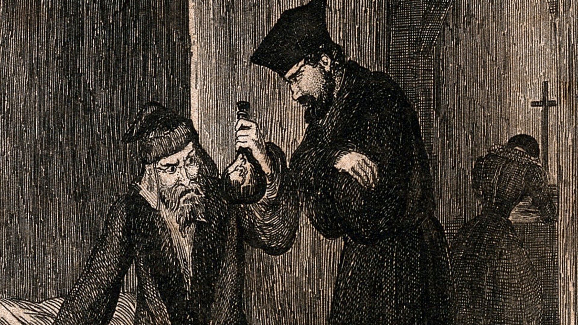 John Dee (?) examining a urine sample and taking the pulse of Guy Fawkes, who is in bed. Etching by G. Cruikshank.

Iconographic Collections
Keywords: Guy Fawkes; John Dee; George Cruikshank