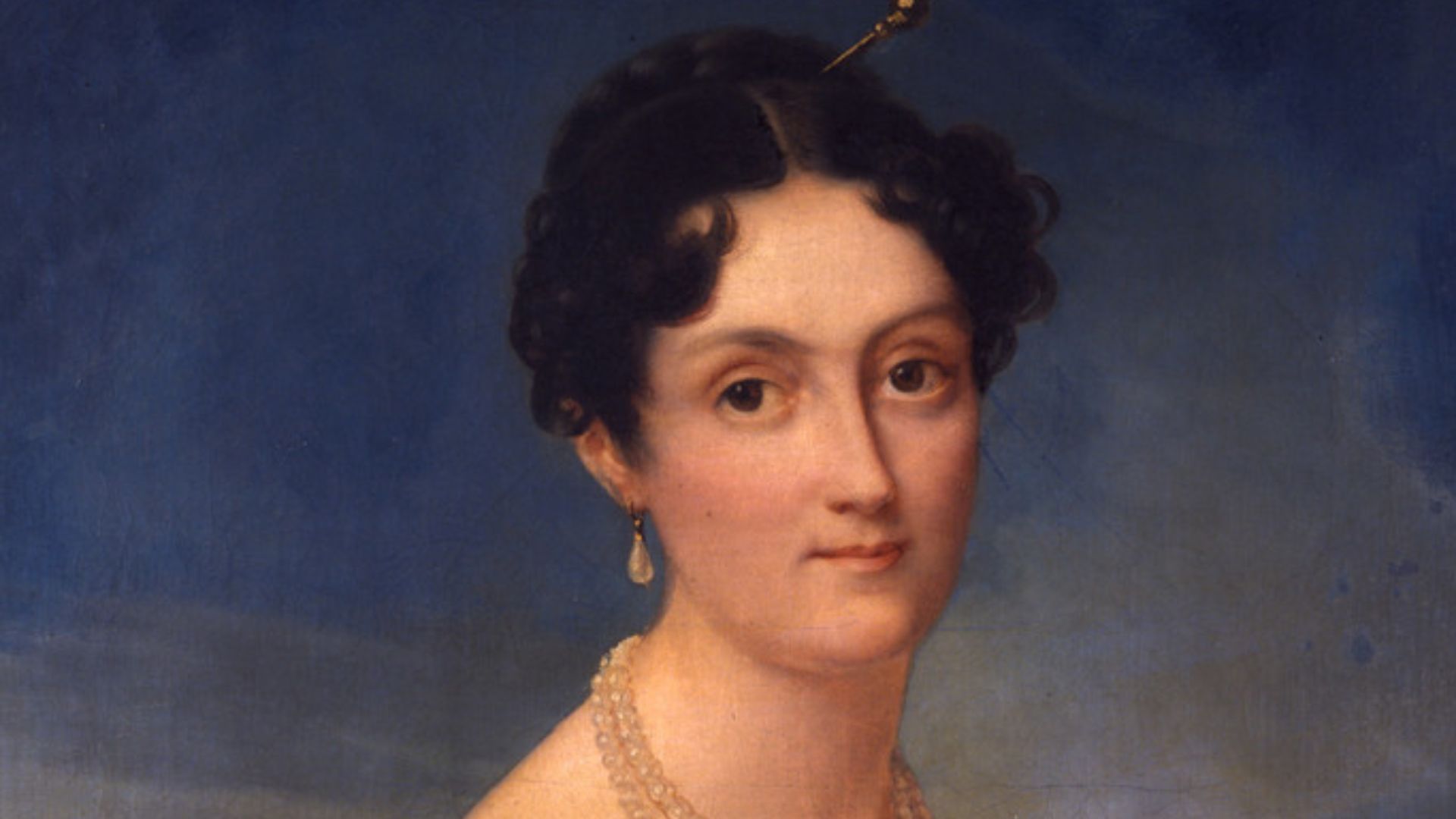 This half-length portrait shows Bonaparte as a young woman wearing white empire dress with gold trim, and off-white gloves