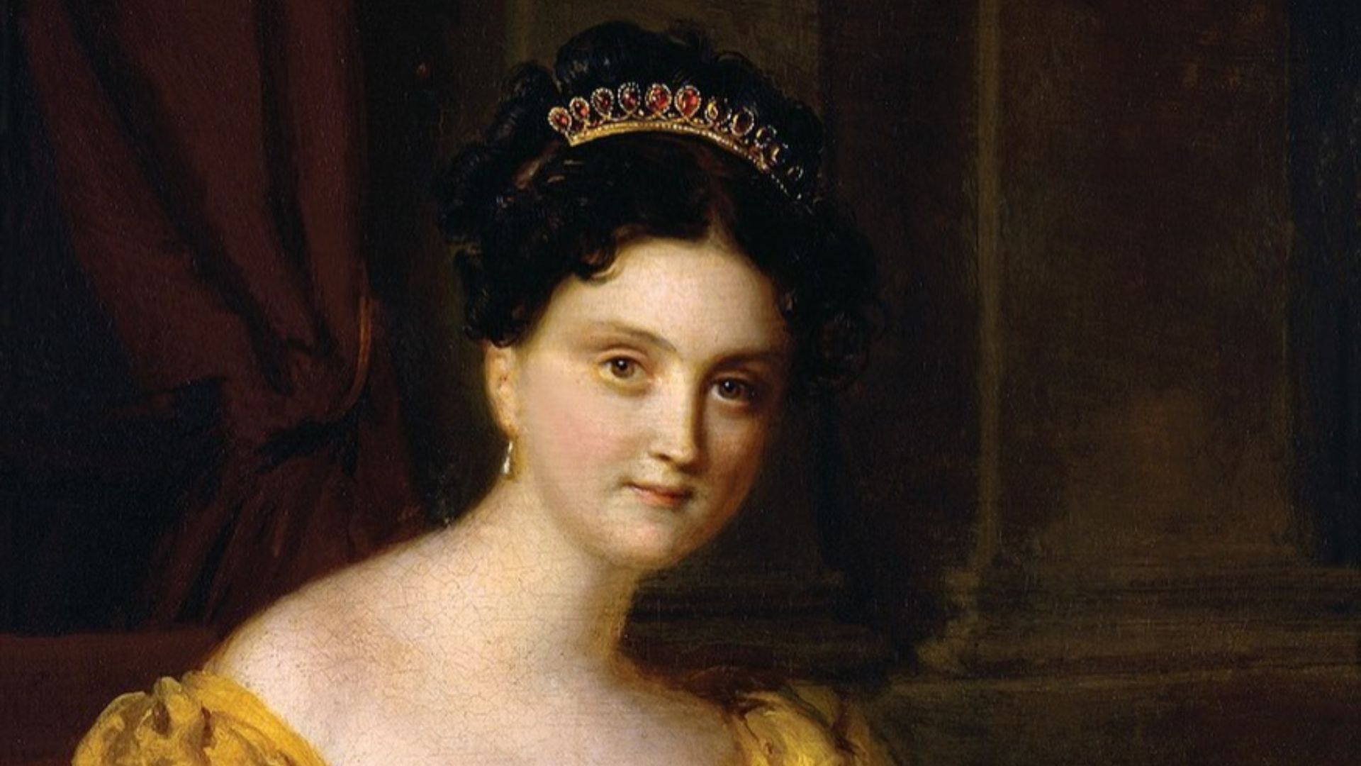 Three-quarter-length portrait of Elizabeth Patterson Bonaparte (1785-1879) seated while wearing a yellow square-necked dress and a tiara.