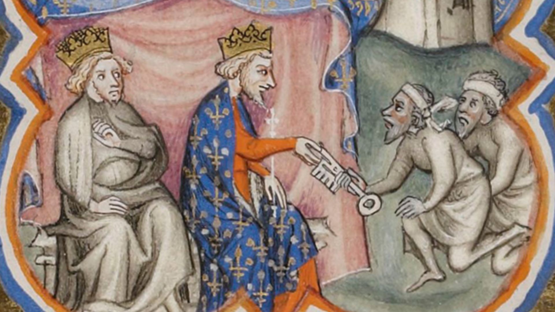 Philippe Auguste et Richard Cœur de Lion reçoivent les clés d'Acre (1191). Enluminure des Grandes Chroniques de France, vers 1375-1380. Paris, Bibliothèque nationale de France, département des Manuscrits, Français 2813, folio 238 verso.