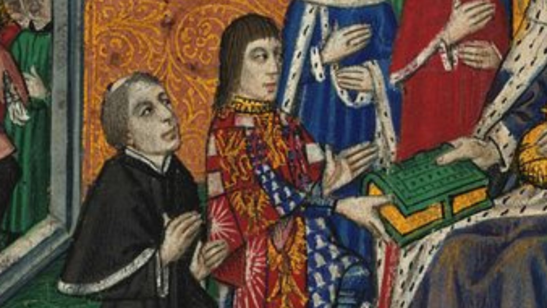 Presentation miniature from Dictes and Sayings of the Philosophers, the first printed book in the English language, translated by en:Anthony Woodville, 2nd Earl Rivers, younger brother of Queen Elizabeth Woodville, and printed by William Caxton. The miniature shows Rivers presenting the book to his brother-in-law King Edward IV, accompanied by his consort Queen Elizabeth Woodville and her son Edward, Prince of Wales. Lambeth Palace Library, MS 265. Rivers displays on his tabard arms quarterly of 6:

1: Argent, a fess and a canton conjoined gules (Woodville)
2: Gules, a lion/griffin rampant or
3: Barry of ten argent and azure, a lion rampant gules armed langued and crowned or (Grand Dukes of Luxemburg)
4: Gules, a star of sixteen points argent (Baux)
5: Gules, an eagle ? displayed or
6: Vair (Beauchamp of Hatch, Somerset)