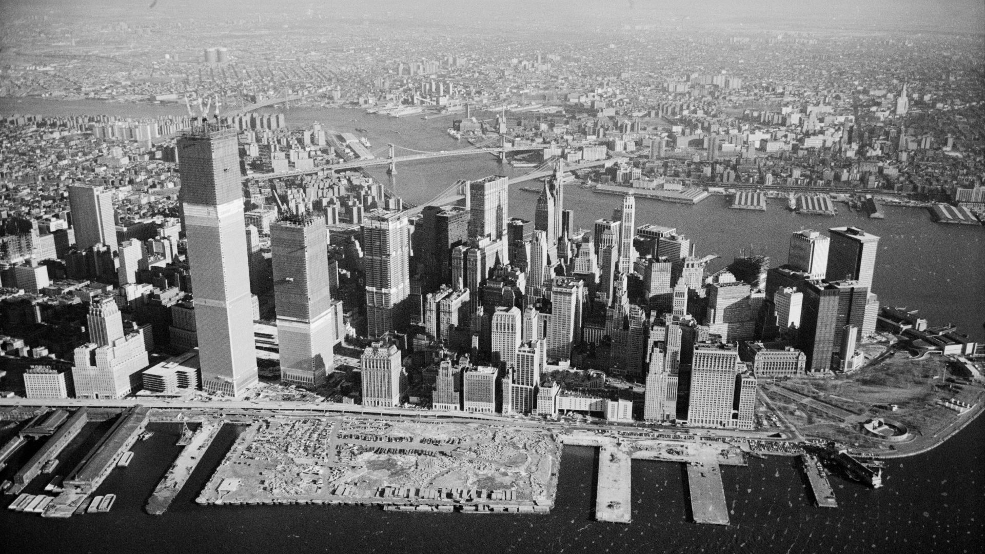 Aerial pix of lower Manhattan with World Trade Center & other construction