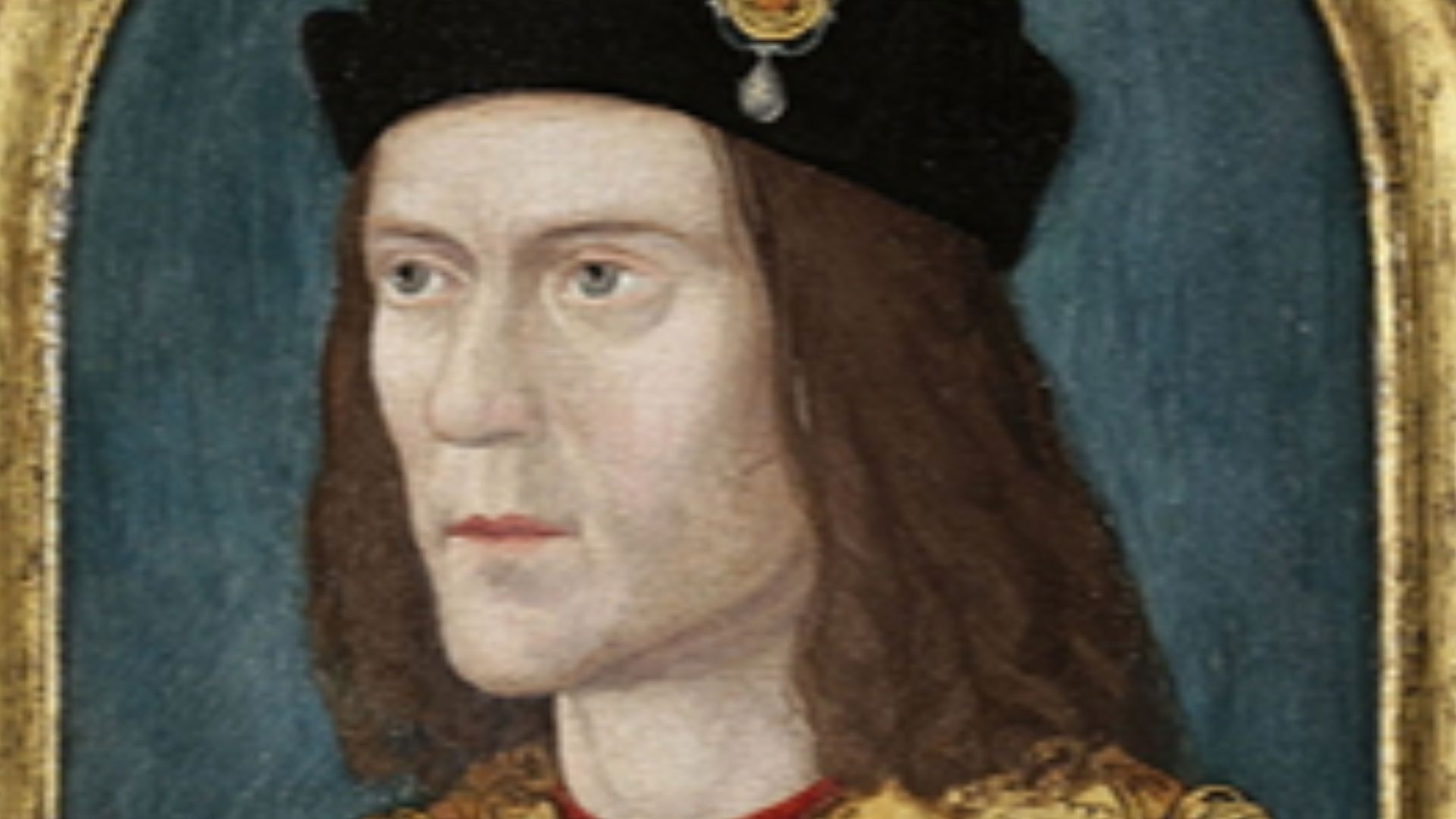 Portrait of Richard III of England, painted by Barthel ii (approximate date from tree-rings on panel), after a lost original, for the Paston family, owned by the Society of Antiquaries, London, since 1828. The blackletter text on the frame reads: