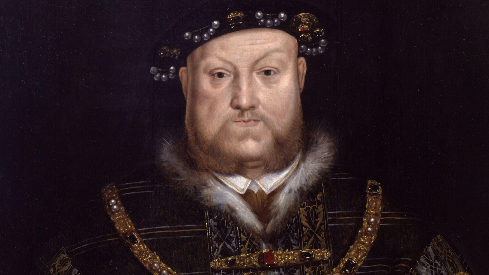 Portrait of Henry VIII in a Great Coat Holding a Staff. Oil on panel, 88.9 mm x 66.7 cm, National Portrait Gallery, London.
None of the versions of this