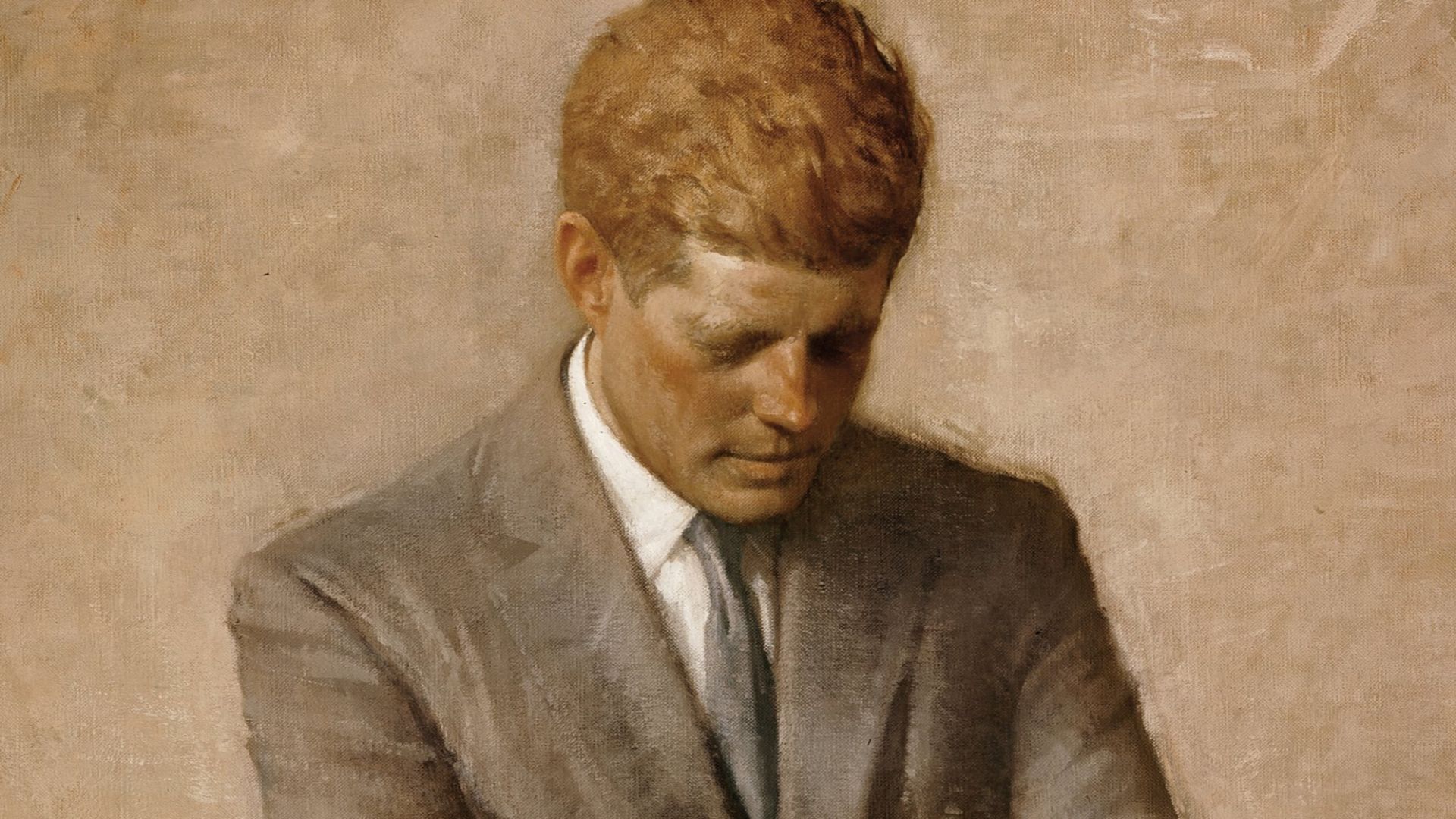 Posthumous official presidential portrait of U.S. President John F. Kennedy.