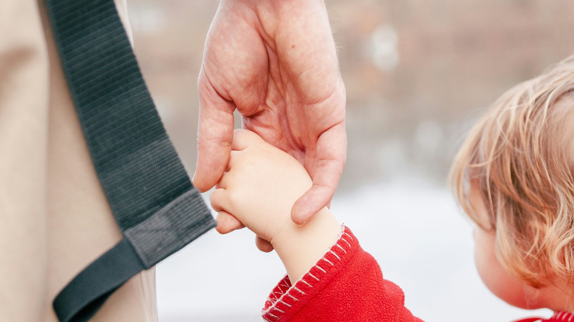 a man holding the hand of a small child