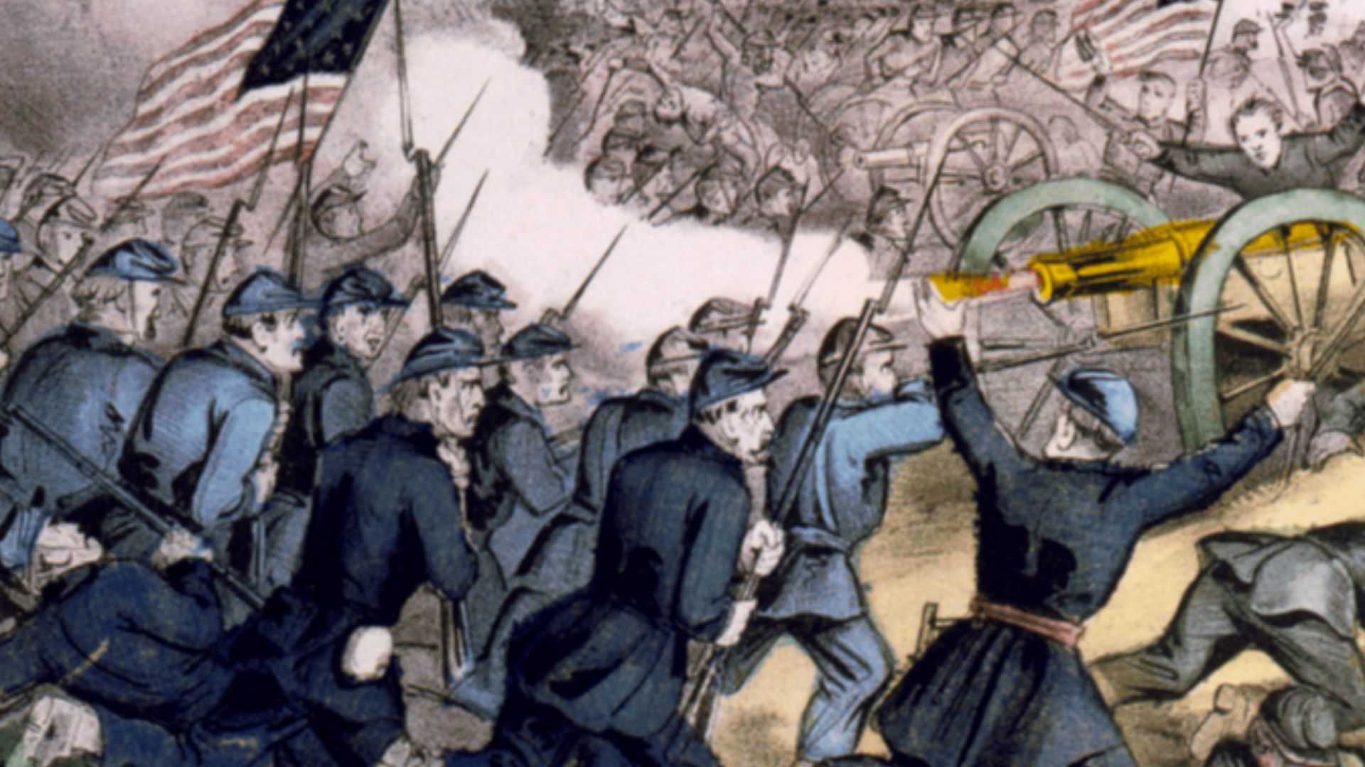 The battle of Gettysburg, Pa. July 3d. 1863, depicting the Battle of Gettysburg, fought July 1–3, 1863. The battle was part of the American Civil War and was won by the North. Hand-colored lithograph by Currier and Ives.