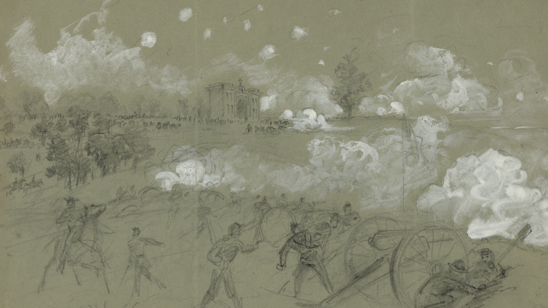 Title: Appearance of cemetery hill previous to Pick[etts charge
Abstract/medium: 1 drawing on green paper : pencil and Chinese white ; 20.5 x 32.8 cm. (sheet).