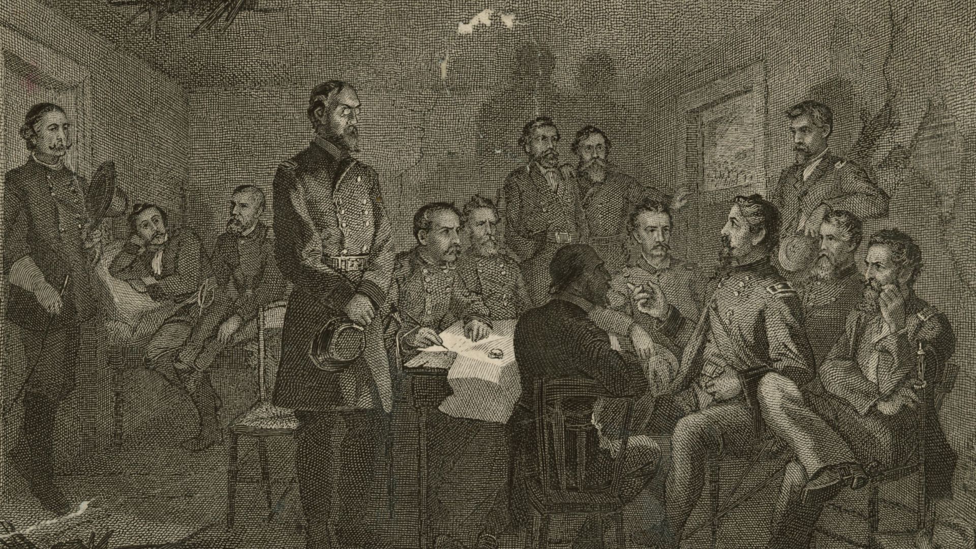 (1880s engraving photographed from archives in US Army Military History Institute. Note:  Kelly’s postwar sketch, “Council of War at Gettysburg,” recreates the July 2nd, 1863 meeting at the Leister House.  Fourteen generals are depicted at the council.  Alfred Pleasonton, commander of the cavalry corps (in the door-frame), and Rufus Ingalls, chief quartermaster, sitting on the chair with his back toward the viewer, were not present at the council.)