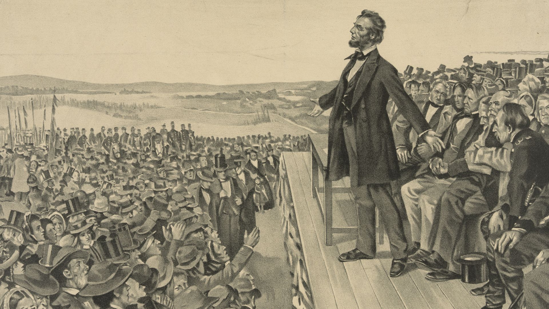 Title: Lincoln's address at the dedication of the Gettysburg National Cemetery, November 19, 1863
Abstract: Print showing Abraham Lincoln standing on stage before a ground of people.

Physical description: 1 print : lithograph ; 41.2 x 50 cm.