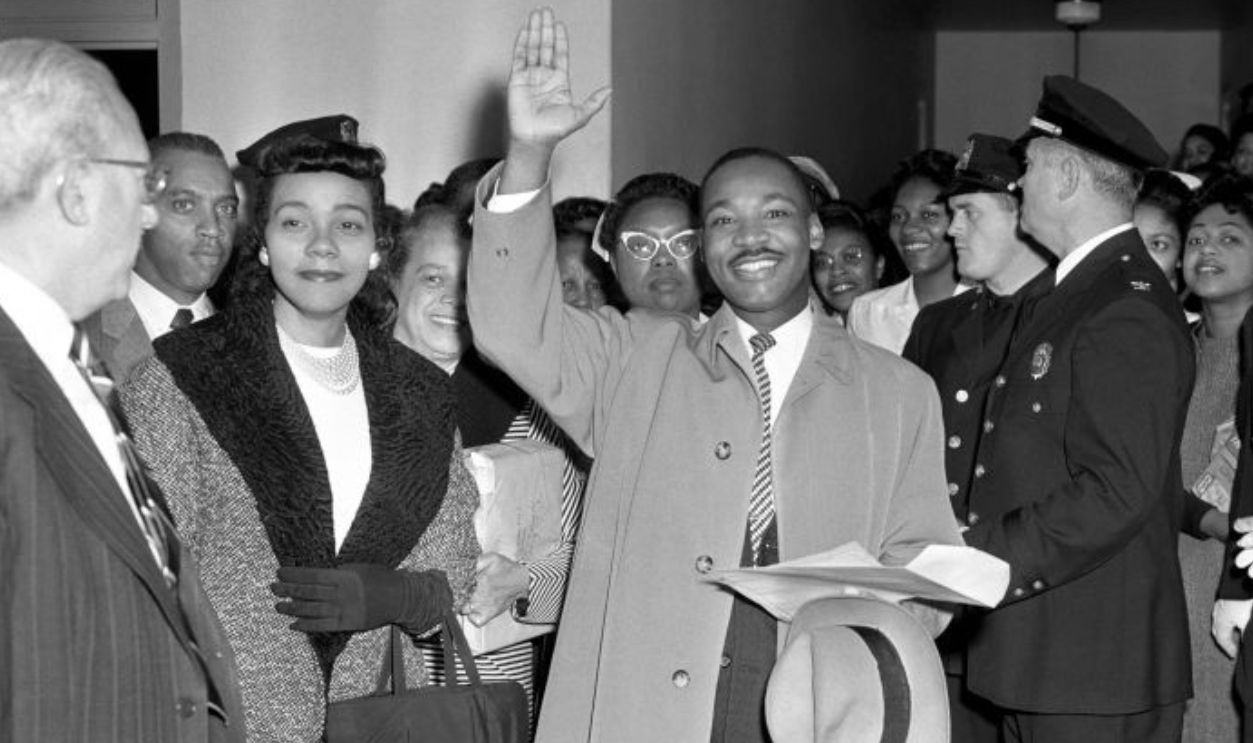 (L-R) American author, activist, and civil rights leader Coretta Scott King (1927 - 2006) and husband, American Baptist minister and activist Martin Luther King Jr. (1929 - 1968) walk out of the Harlem hospital in Harlem, New York, October 3, 1958. King was stabbed while signing copies of his book Stride Toward Freedom in Blumstein's department store in Harlem by Izola Curry on September 30. 