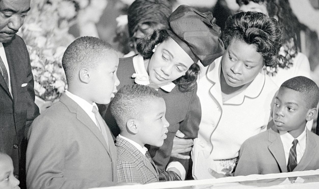 (Original Caption) The family of Dr. Martin Luther King, Jr., was among the many thousands of parents that went to the Sister's Chapel on the Spelman College campus here, to view the famed Civil Rights' leader for the last time. From left are: Martin Luther King III; Dexter King; Mrs. King; Mrs. Dora McDonald; and Ralph D. Abernathy Jr.
