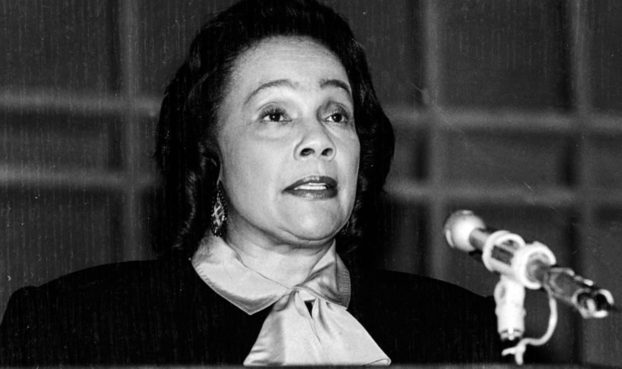 American Civil Rights activist Coretta Scott King (1927 - 2006) speaks at an unspecified event, 1970s or 1980s.