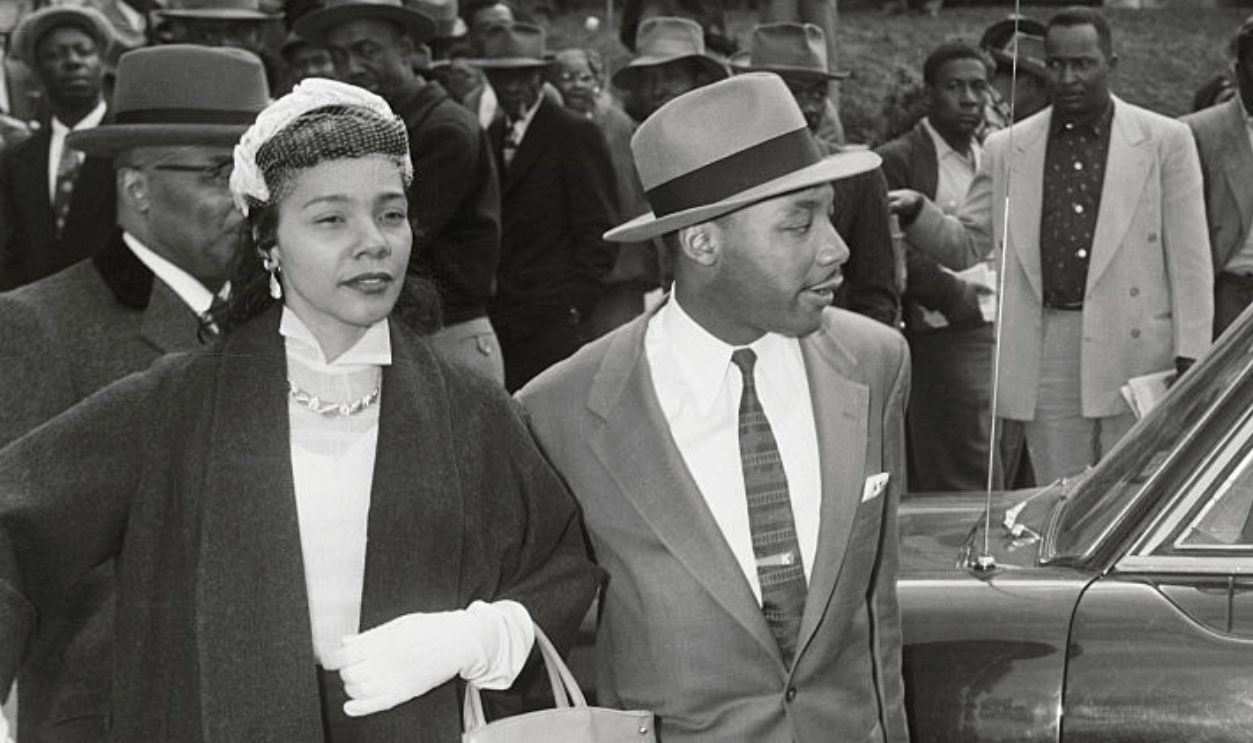 Reverend Martin Luther King, Jr., and his wife Coretta Scott King (L), cross the street near the Montgomery County Court House during a recess his trial. King is the first of the ninety African Americans indicted on boycotting charges involving buses of the Montgomery City Lines, Inc.