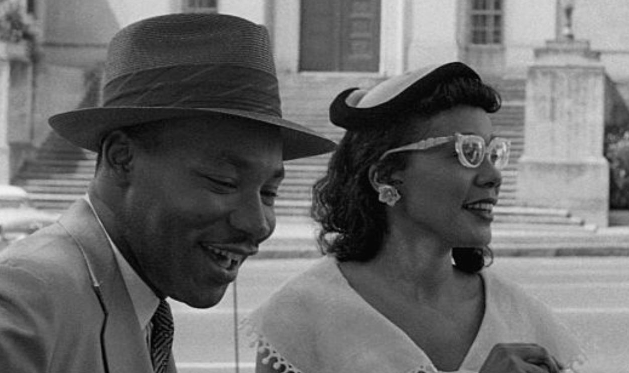 MONTGOMERY, AL - MAY 1956: Civil rights leader Reverend Dr. Martin Luther King, Jr.and his wife Coretta Scott King pose for a photo across the street from the Alabama Judicial Building in May 1956 in Montgomery, Alabama.