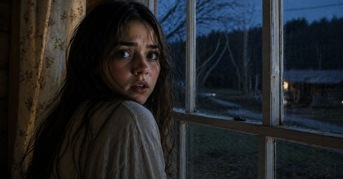 scared young woman looking out a window