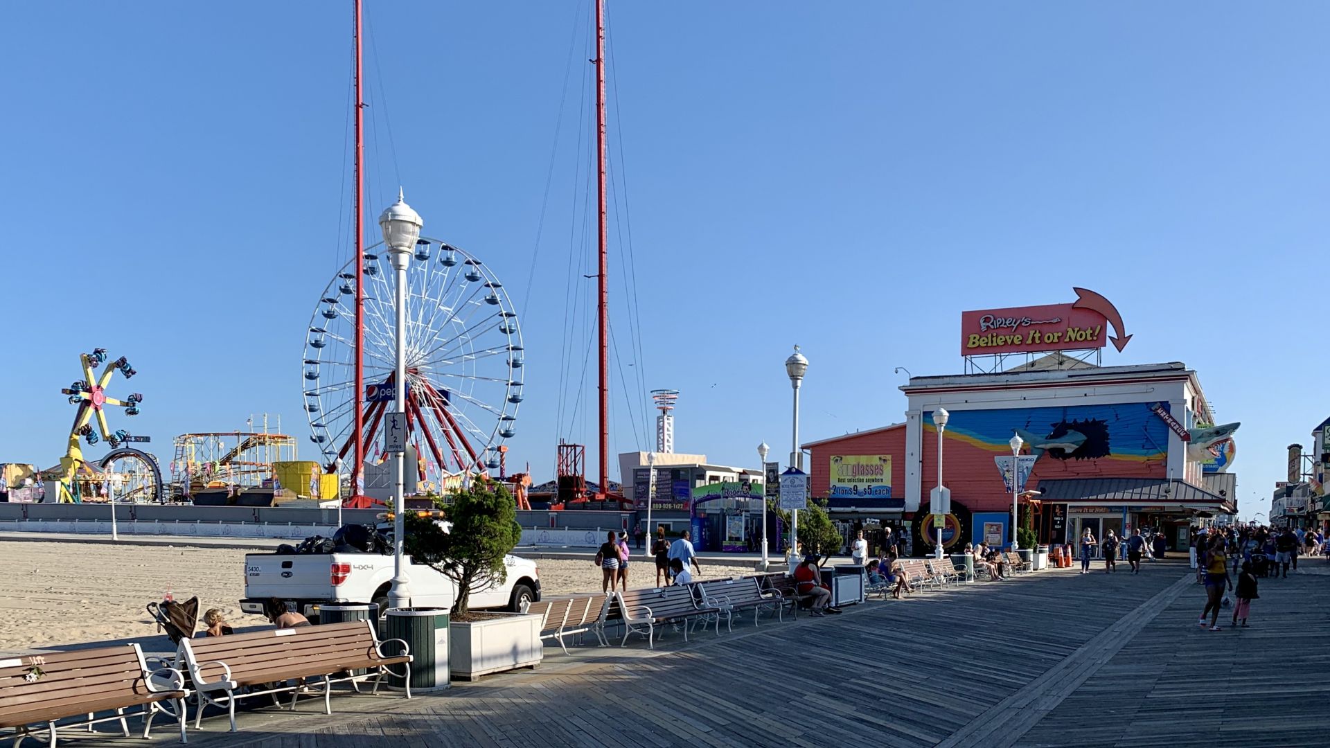 Jolly Roger Amusement Park and the boardwalk in Ocean City, Maryland.