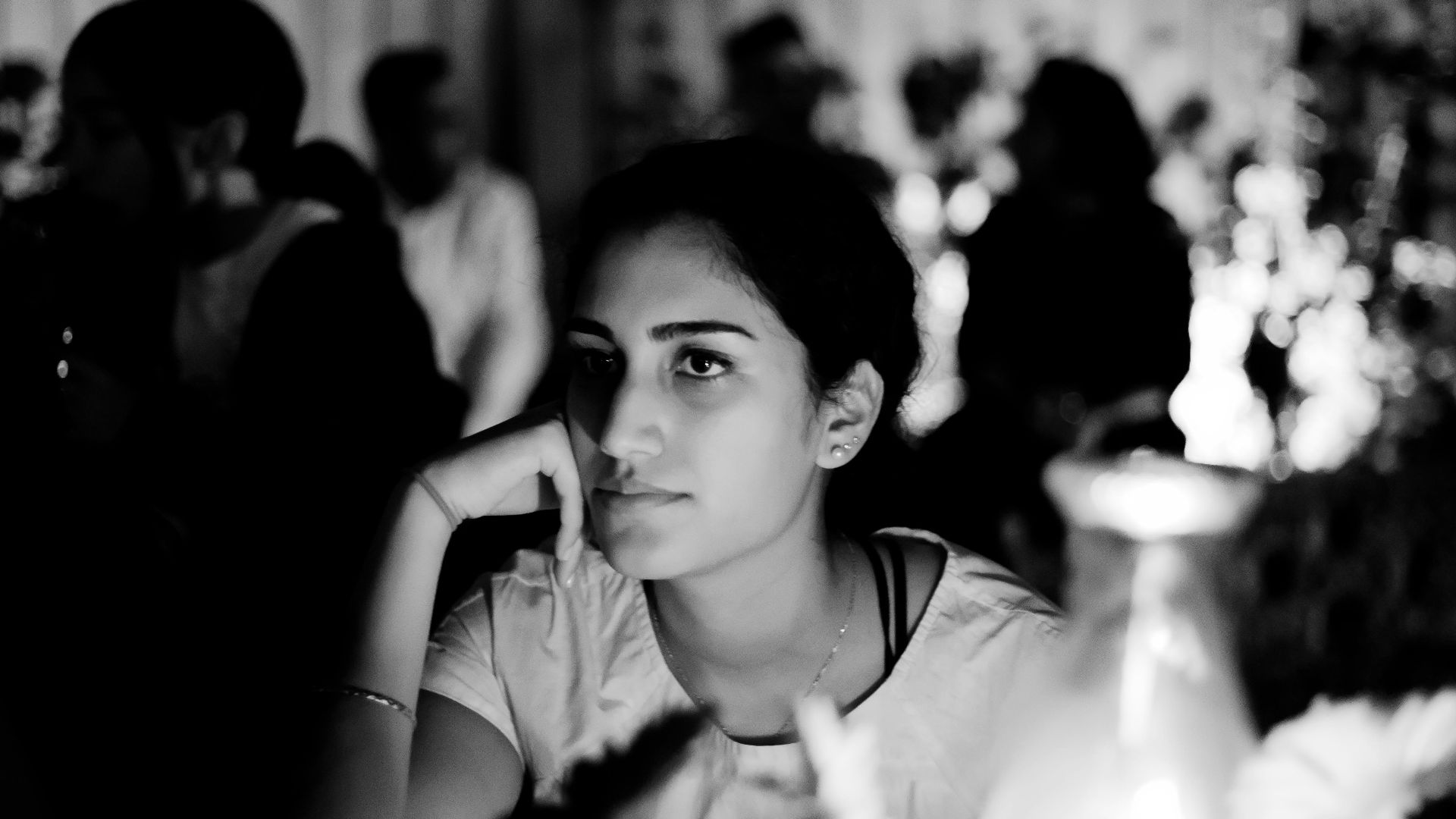 grayscale photo of girl in crew neck t-shirt